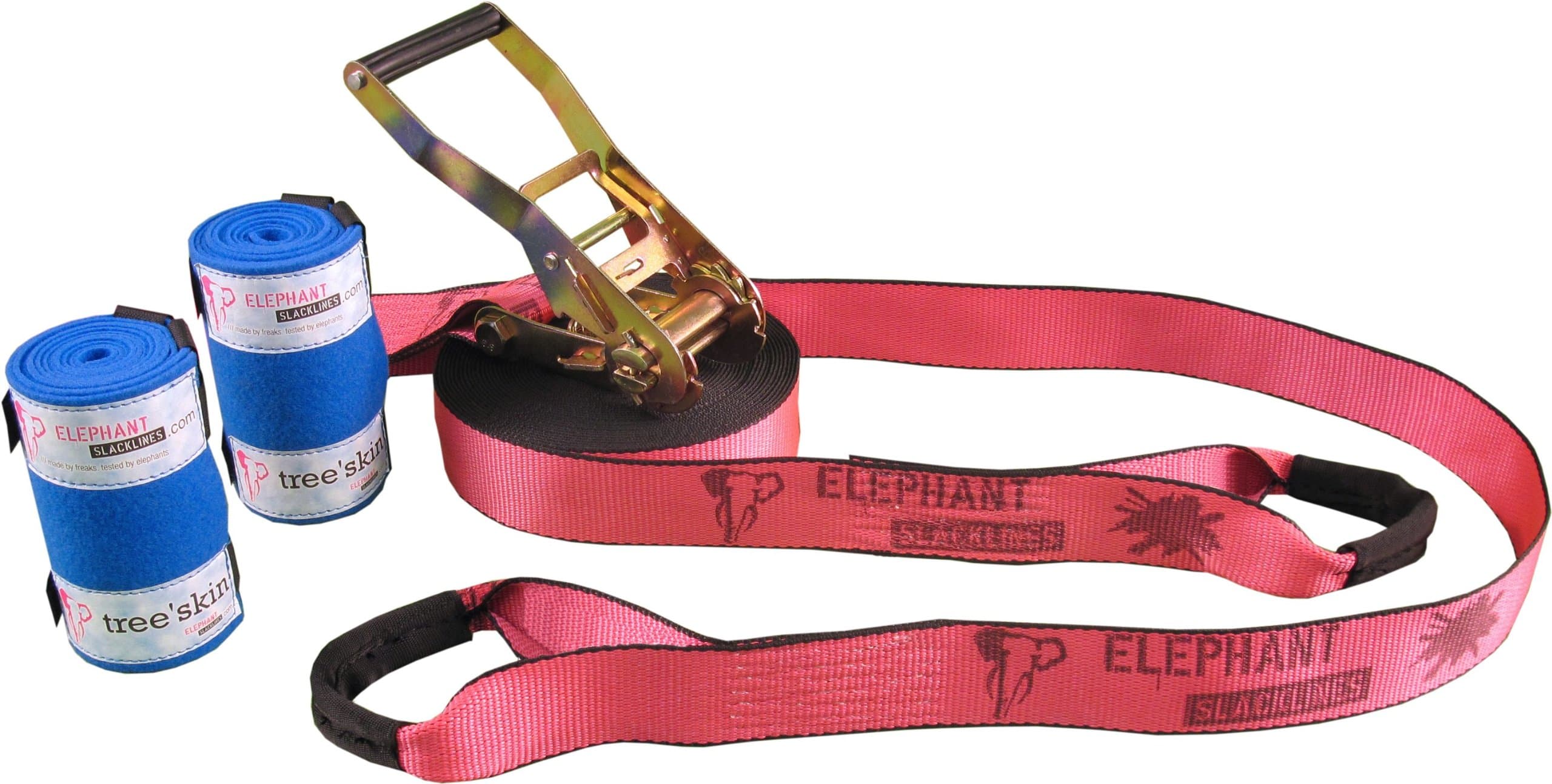Elephant Slacklines Rookie Flashline incl. Treeguard, Pink, 15 m, 12,5m Slacklineband + 2,5 m Ratchet Tape, * Made in Germany * Width 50mm, for beginners, beginners, incl. 50 mm standard ratchet, perfect leisure sport