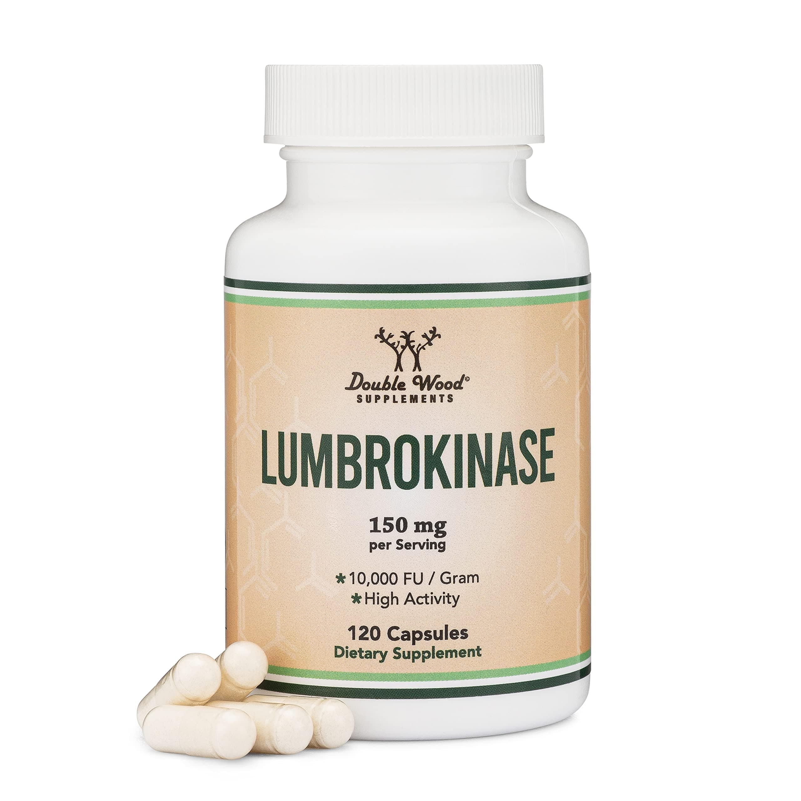 Lumbrokinase Enzymes Supplement - 120 Capsules (Max Activity 10,000 FU/Gram) 150mg per Serving (No Fillers, Non-GMO, Gluten Free) for Cardiovascular and Blood Circulation Support by Double Wood