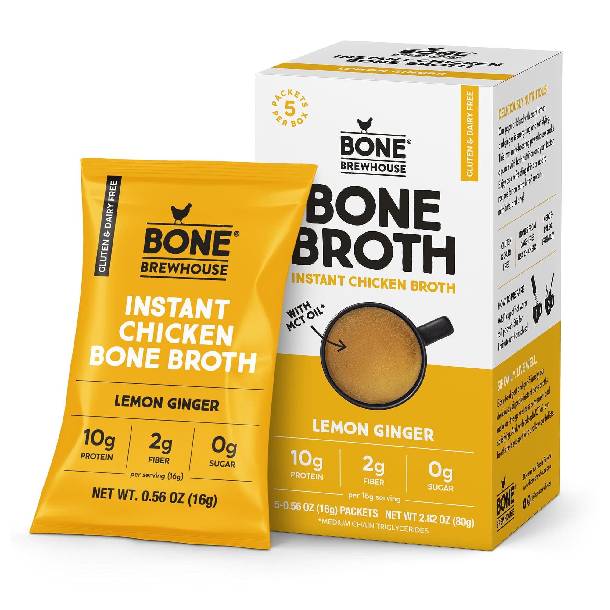 Chicken Bone Broth Protein Powder - Lemon Ginger Flavor - Keto & Paleo Friendly - Instant Soup Broth - 10g Protein - Natural Collagen, Gluten-Free & Dairy Free - 5 Servings
