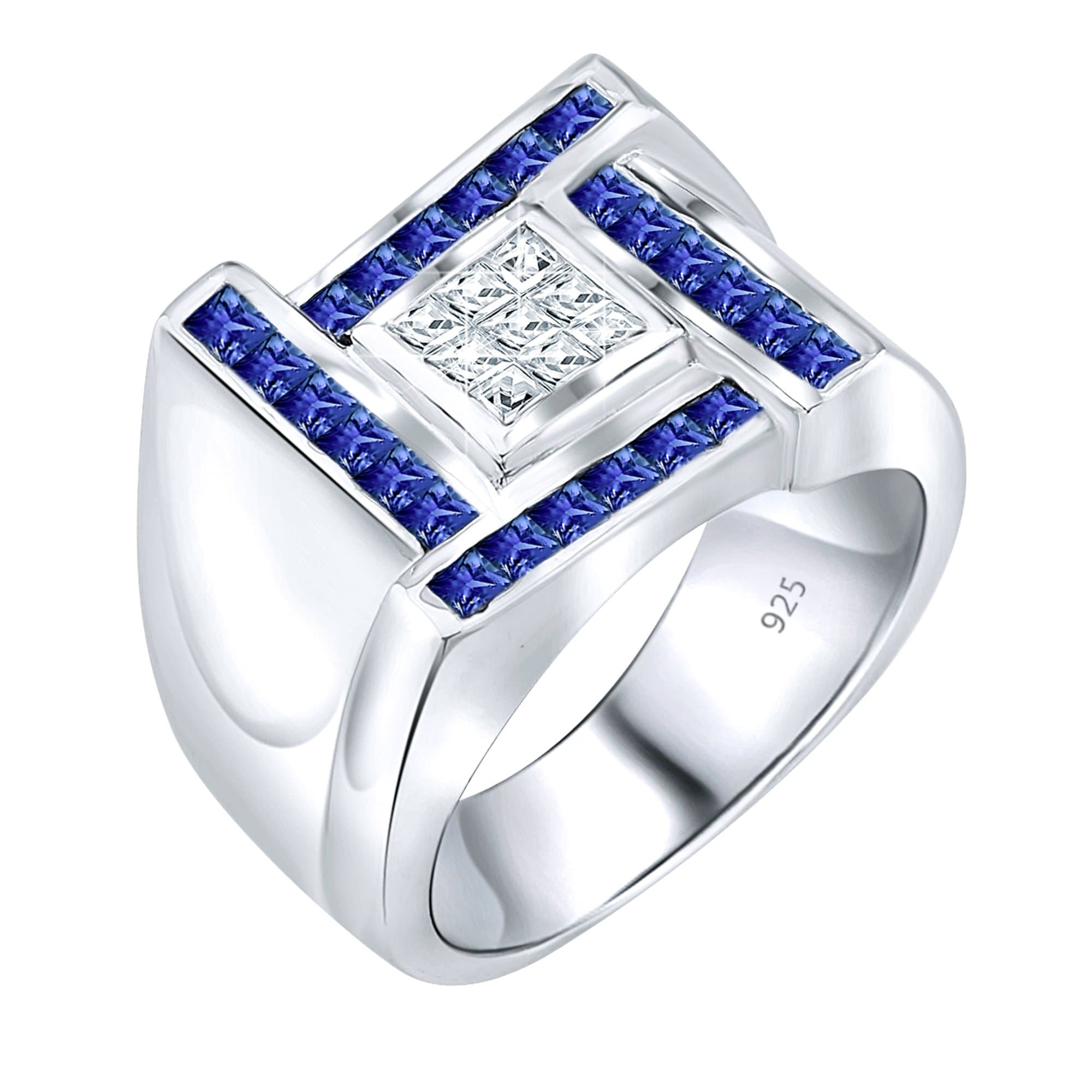 Men's Sterling Silver .925 Designer Ring Featuring Princess Cut Invisible and Channel Set Clear and Blue Cubic Zirconia (CZ) Stones