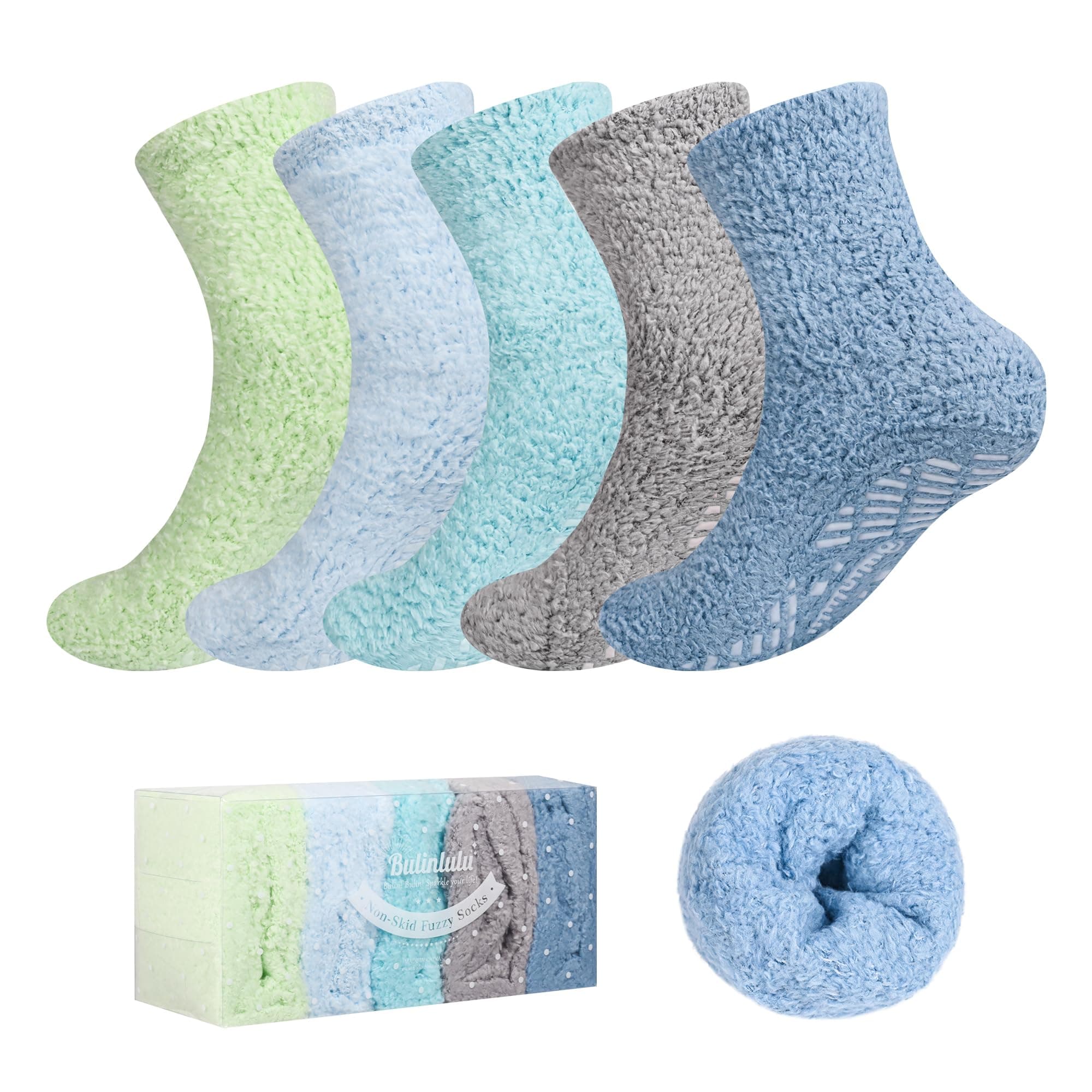 Bulinlulu Fuzzy Socks with Grips for Women 5-Pairs Non Slip Sleep Warm Fluffy Slipper Socks with Grippers for Women