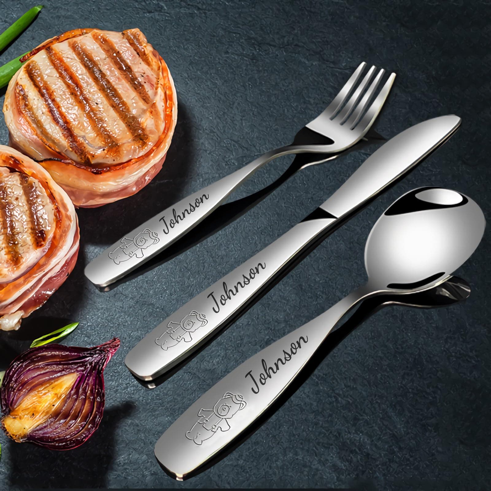 Custom Engraved Children's Tableware, Personalized Lettering Name Fork/Knife/Spoon Stainless Steel Tableware, Birthday Gift, Christmas Present, Baby's Exclusive Tableware (Boy)
