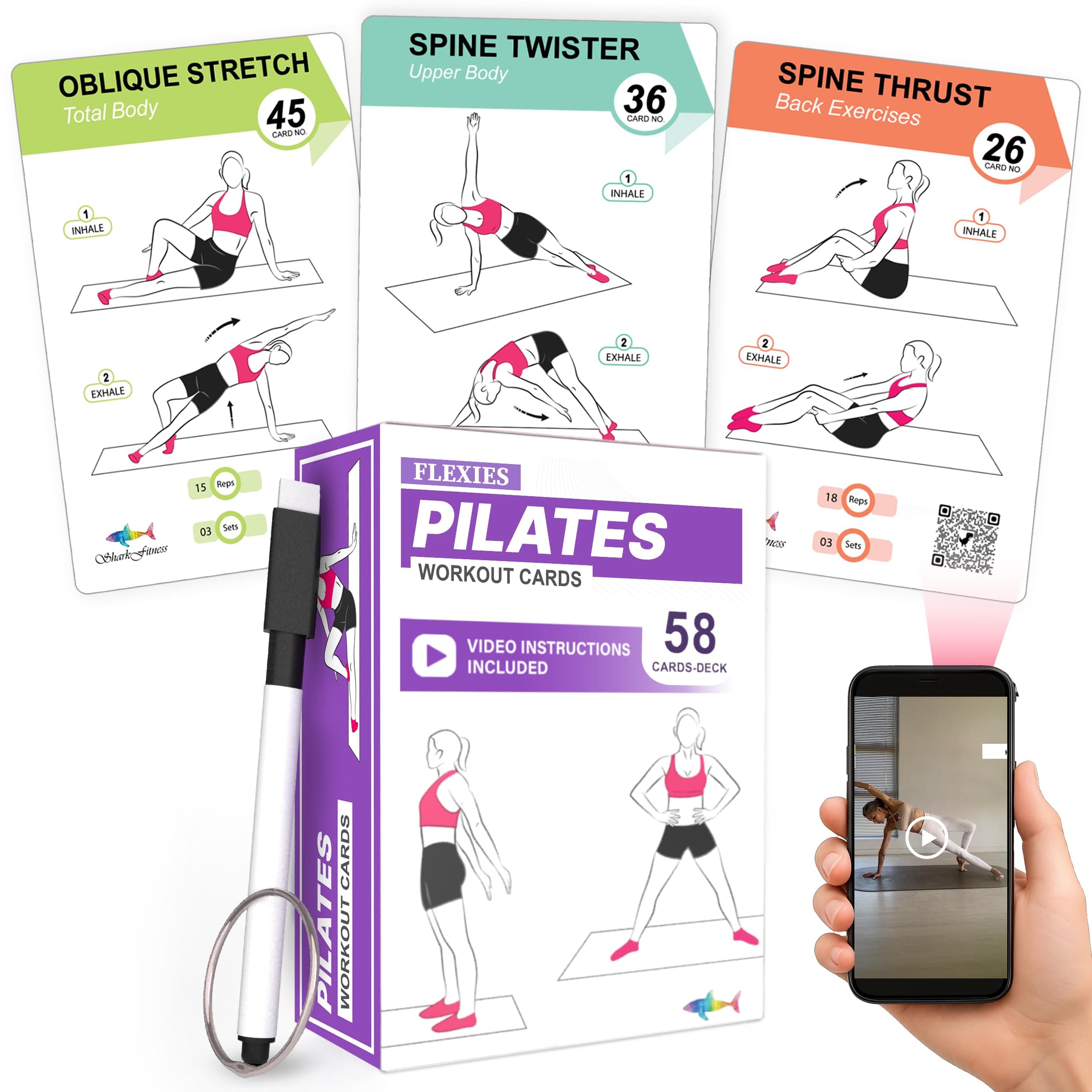 Pilates Workout Cards - 58 Exercise Cards with Pilates Mat Workout Postures, Video Instructions & Breathing Tips | Free Ring & Dry-Erase Marker to Create at home pilates womens workout planner