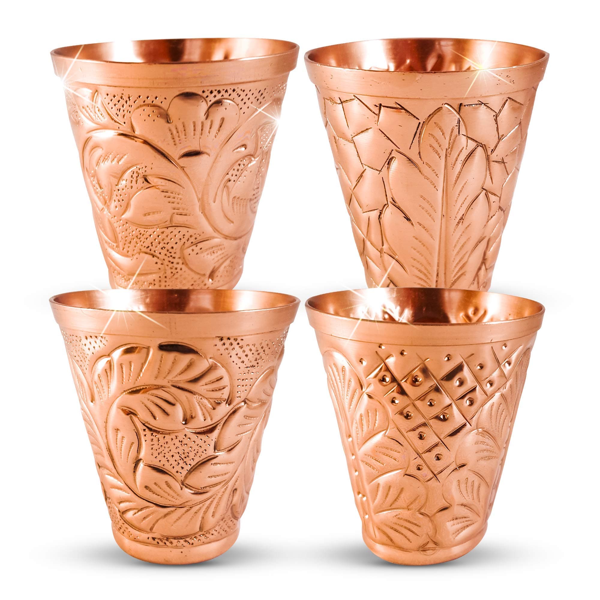 Pure Copper Shot Glasses (Set of 4) - Moscow Mule Drinking Shot Glass for Home, Kitchen, Bar - Barware Drinking Glass for Tequila Vodka Cocktail Shooters - Custom Embossed Metal Drinkware Gift