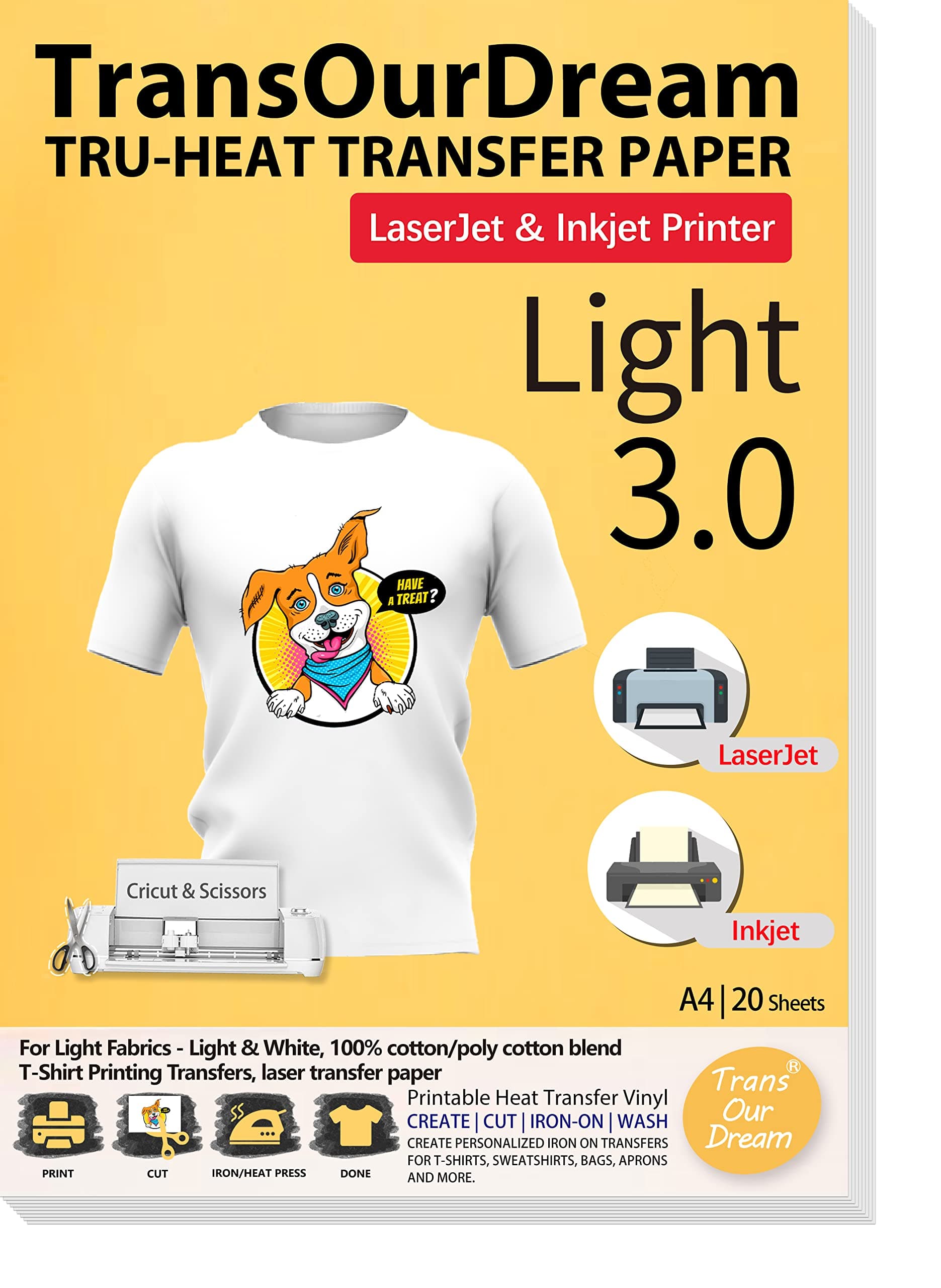 TransOurDream Tru-T Shirt Transfer Paper 20 Sheets A4 Iron On Transfers for Inkjet & Laser Printer Printable HTV Heat Transfer Vinyl for White and Light Fabrics,Easy to Cut(TOD-03-20)