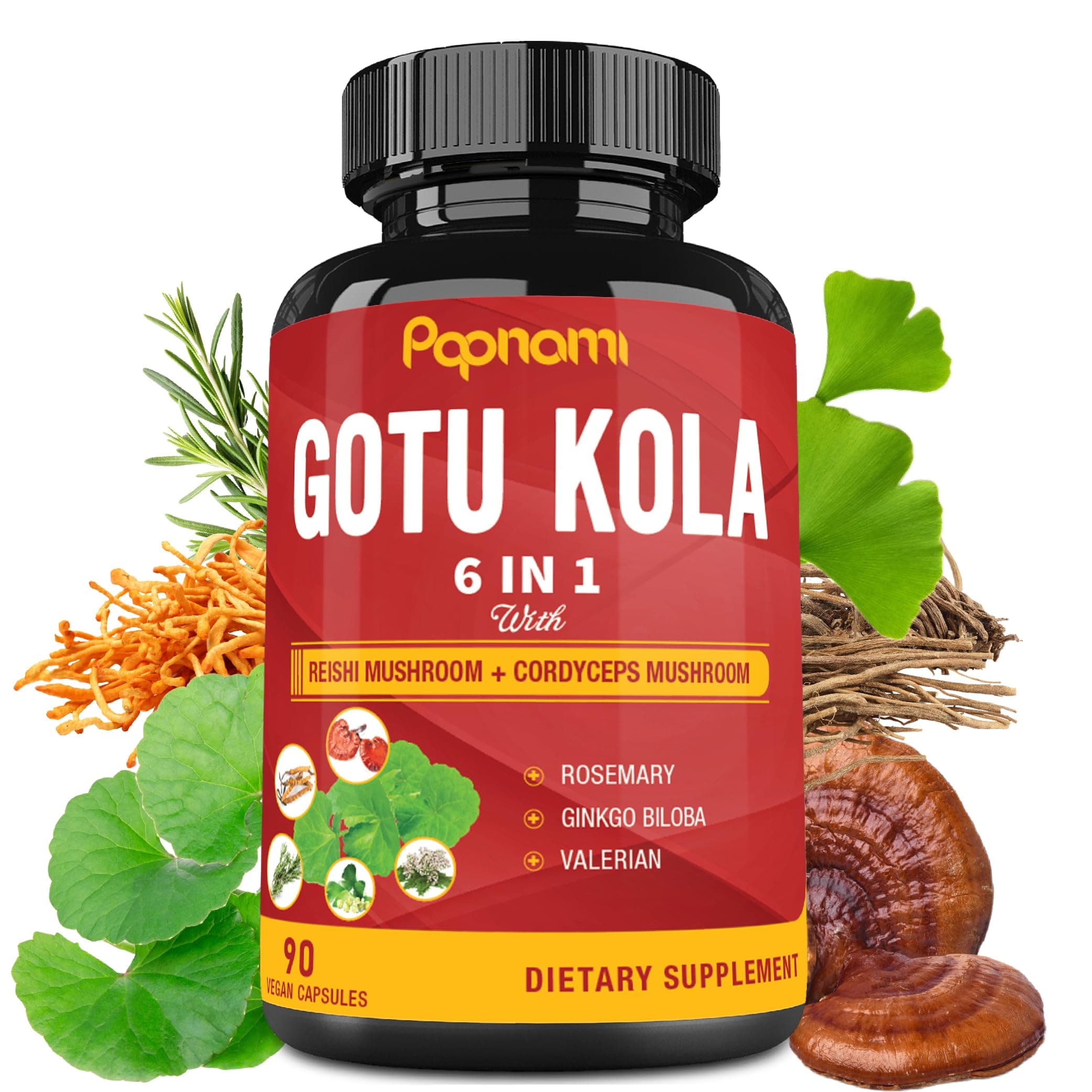 Organic Gotu Kola Extract Capsules with Reishi, Cordyceps, Rosemary, Gingko Biloba & Valerian Root - 90 Counts for 3 Months - Supports Brain & Heart Health