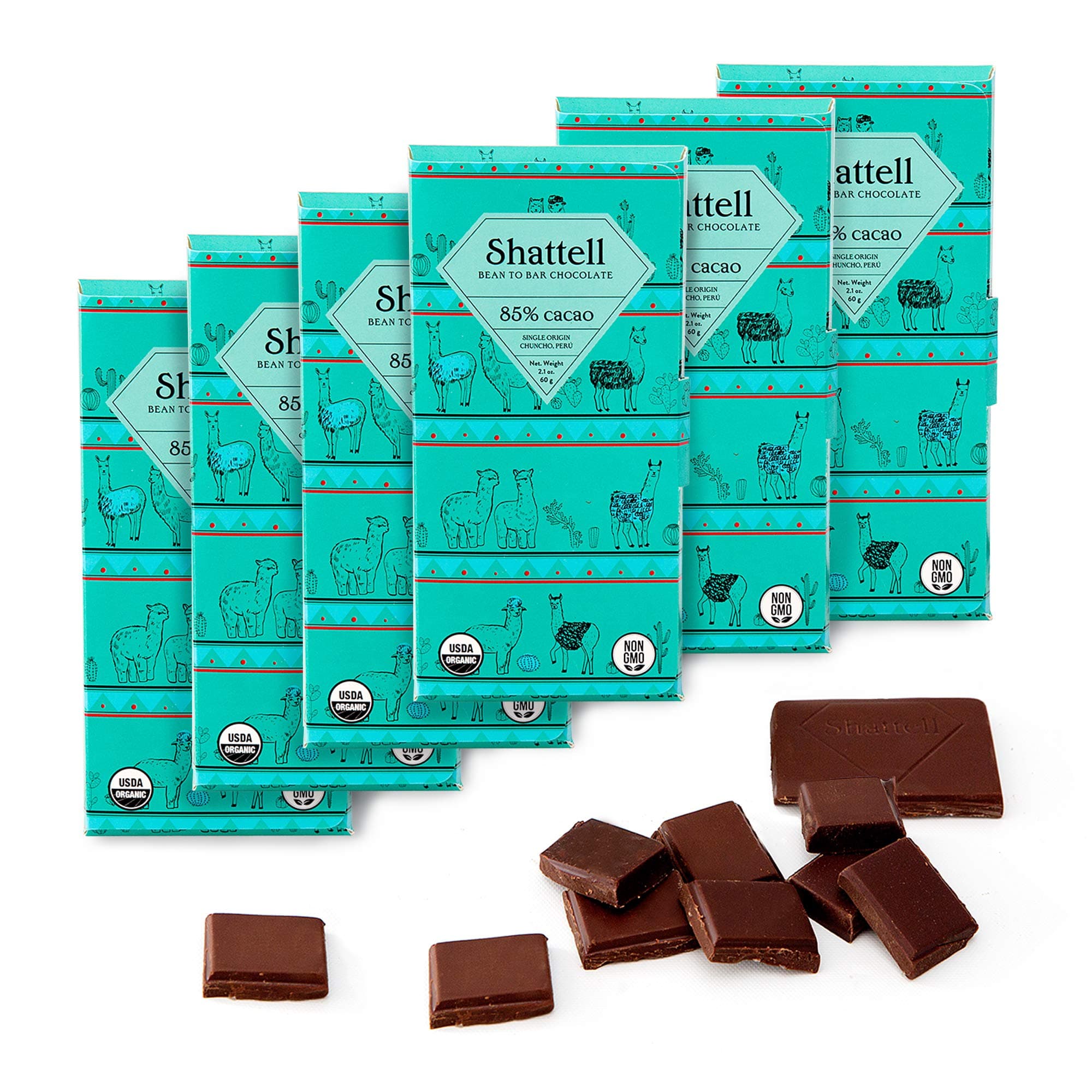 Shattell 85% Chuncho Cacao Dark Chocolate | Gourmet Bean to Bar Single Origin Chocolate | Organic, Vegan, Gluten Free, Non-GMO | 2.1oz Bars, 6-pack