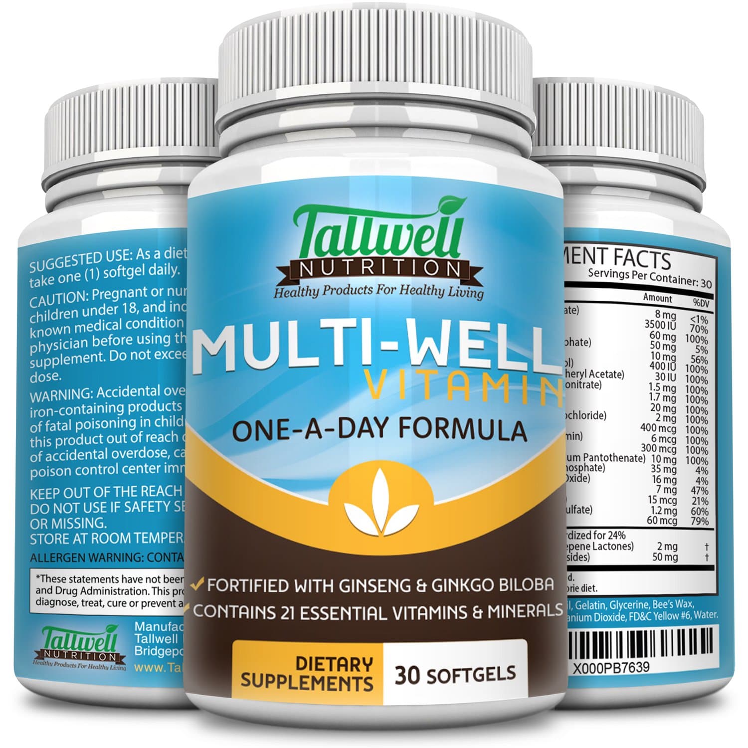 Liquid Multivitamins, Ginseng, Gingko Biloba, 100% Vitamin C, E, Biotin, Maximum Vitamins & Minerals, Brain Boosters, Helps Enhance Memory & Antioxidants for Better Health, 30 Liquid Soft Gels