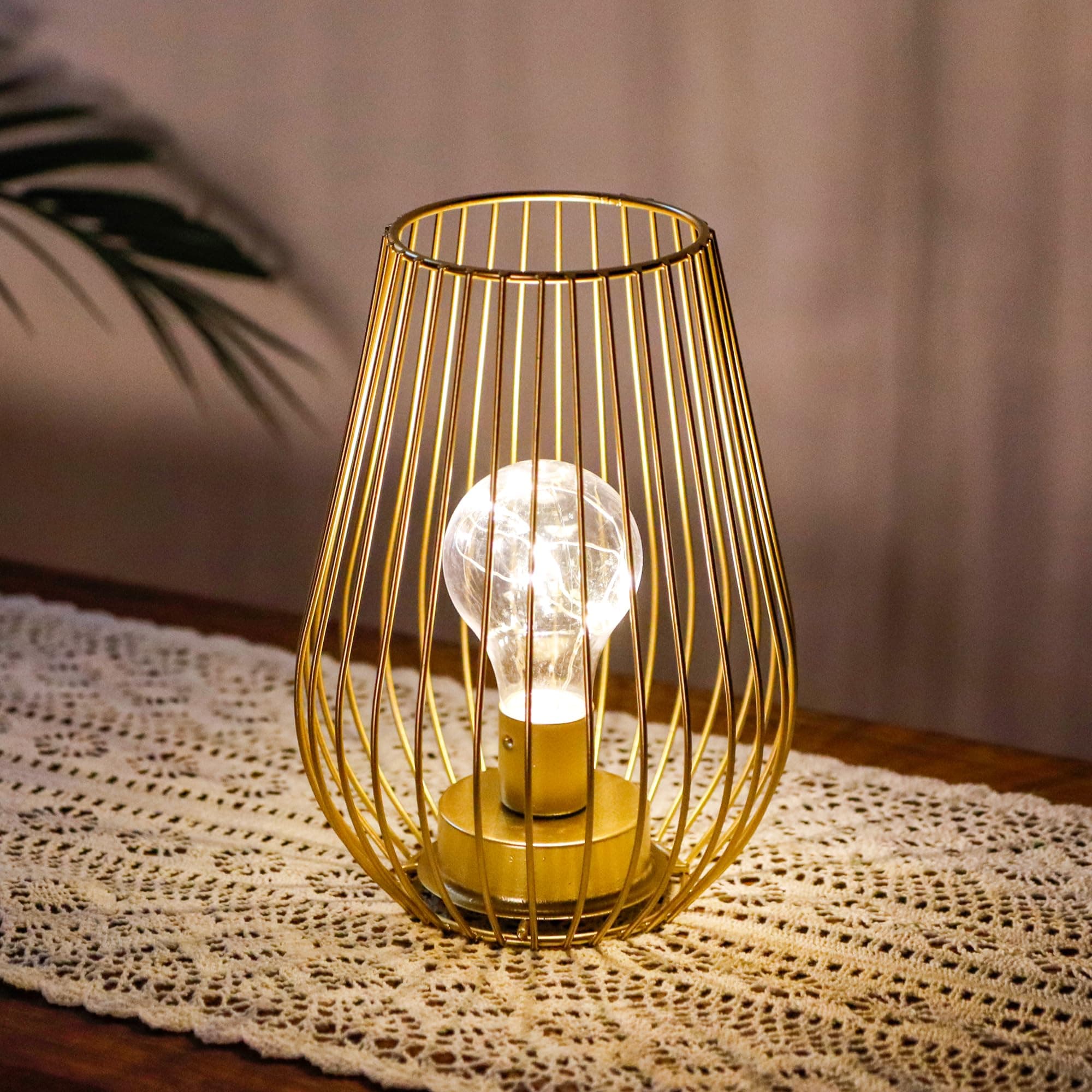 Metal Battery Operated Lamp 8'' Tall Cage Shape Cordless Table Lantern with Warm Fairy Lights Bulb for Thanksgiving Christmas Patio Garden Wedding Parties Indoor Outdoor (Golden)