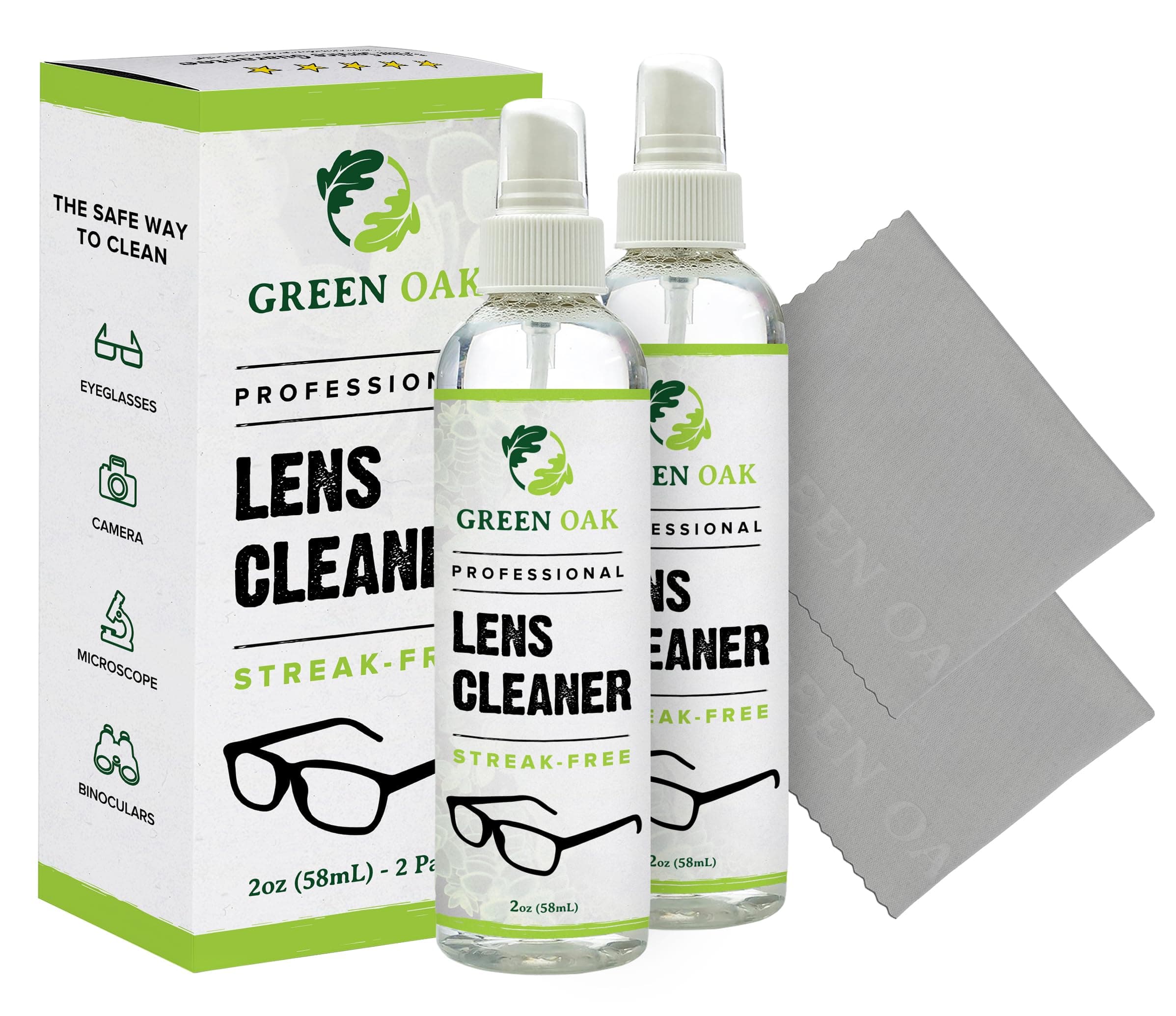 Green Oak Lens Cleaner Spray for Eyeglasses, Cameras, and Other Lenses - Gently Cleans Bacteria, Fingerprints, Dust, Oil Travel