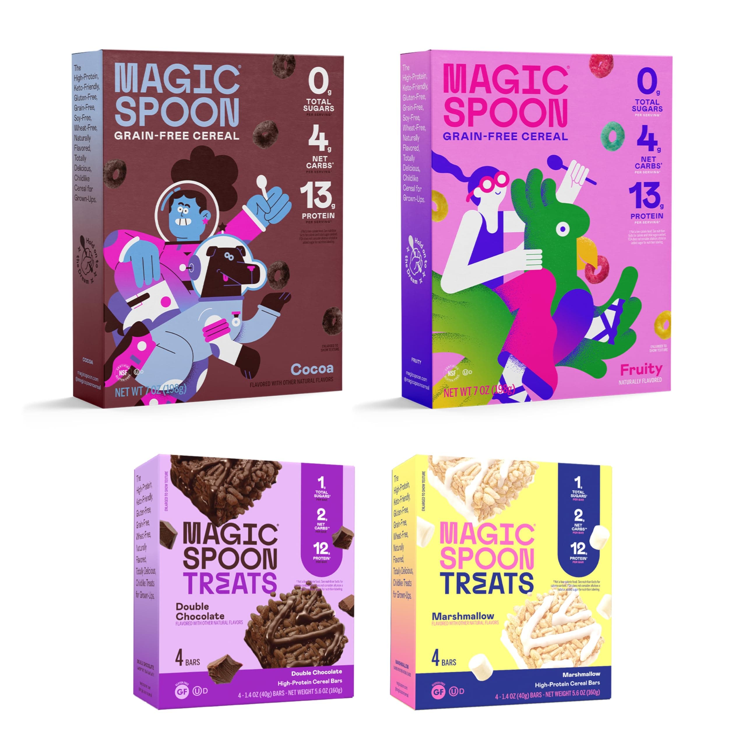 Ultimate Starter Pack - High Protein Cereal - Sugar Free Snacks & Breakfast - Healthy Snacks for Kids & Adults - 1 Box Fruity, 1 Box Cocoa, 4 Bars Marshmallow, 4 Bars Double Chocolate