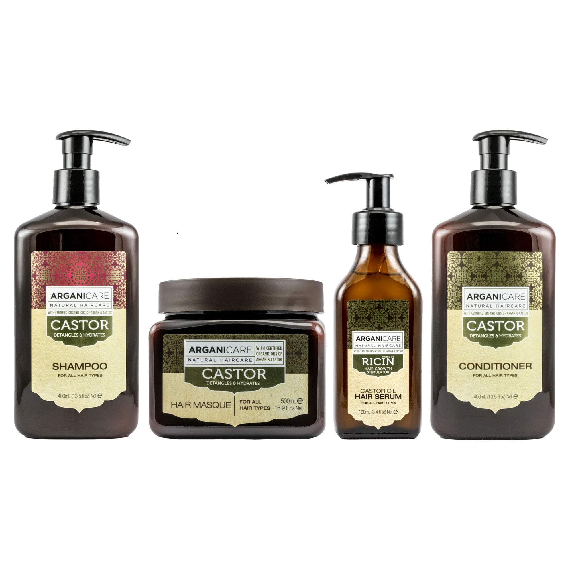 Arganicare Castor Oil Shampoo & Conditioner 13.5 oz, Hair Mask 16.9 oz, Hair Growth Serum 3.4 oz combination pack- Organic Castor Oil, Argan & Jojoba Oil for strengthening, hair growth & hydration
