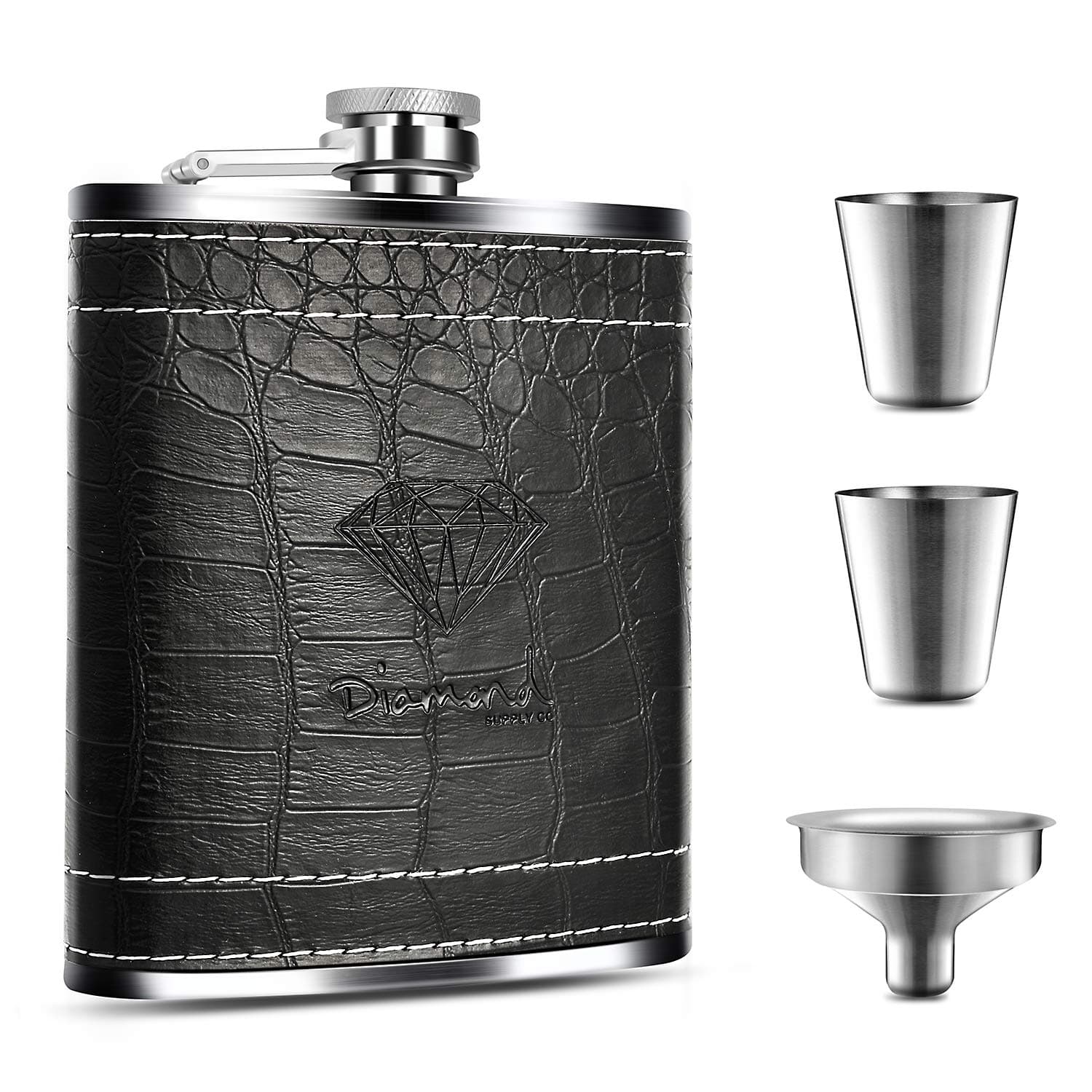 MONODY Hip Flask 7 OZ Drinking Flask Set for Men Stainless Steel with Black PU Leather - Includes Funnel and 2 Little cups for Discrete Shot Drinking of Alcohol, Whiskey, Rum and Vodka
