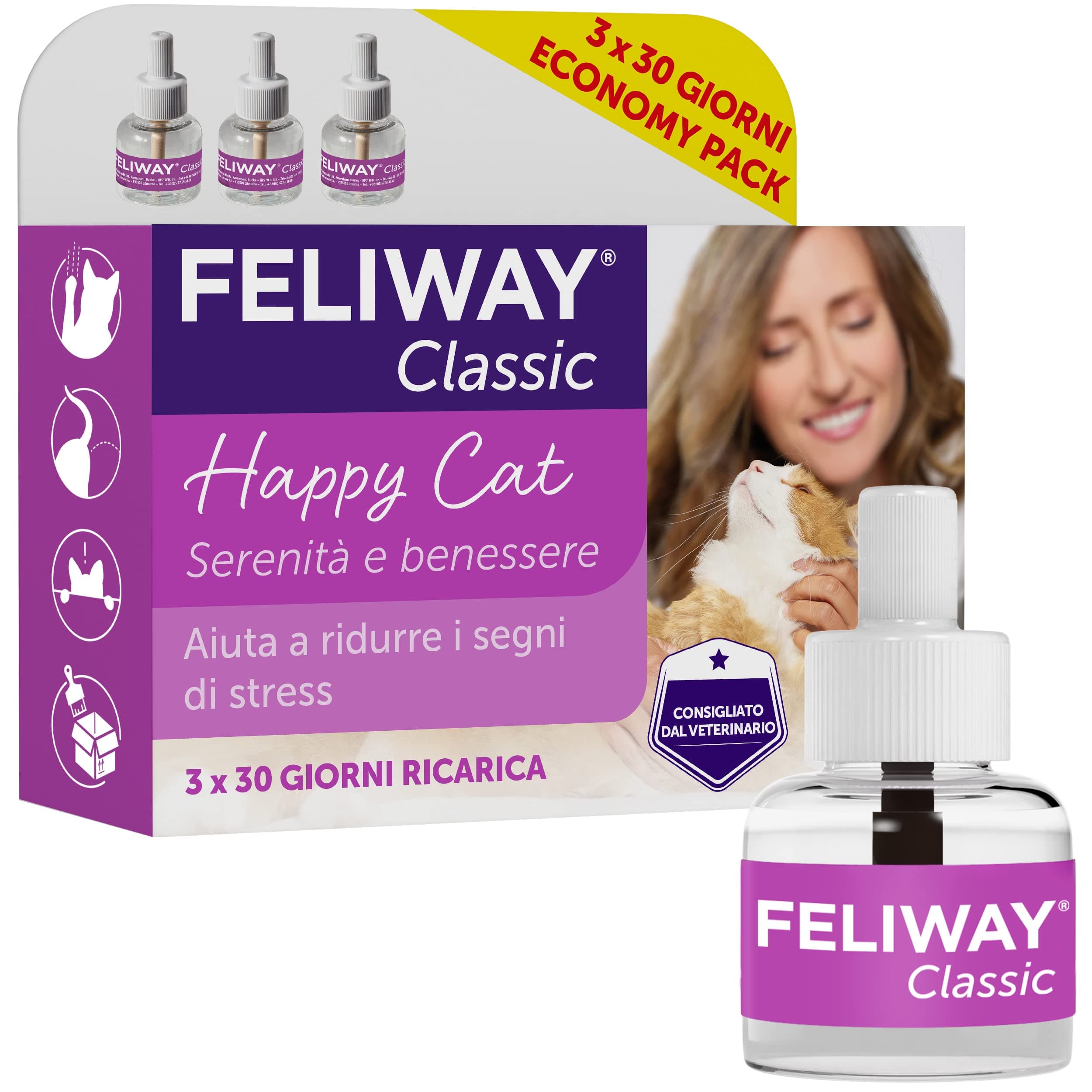 Classic 3 x 30 Day Cat Calming Odourless Refills for Pheromone Diffuser, 3 x 48ml - Helps Solve Common Signs of Stress in Cats & Kittens, Veterinary Recommended, Drug-free, Clinically Proven
