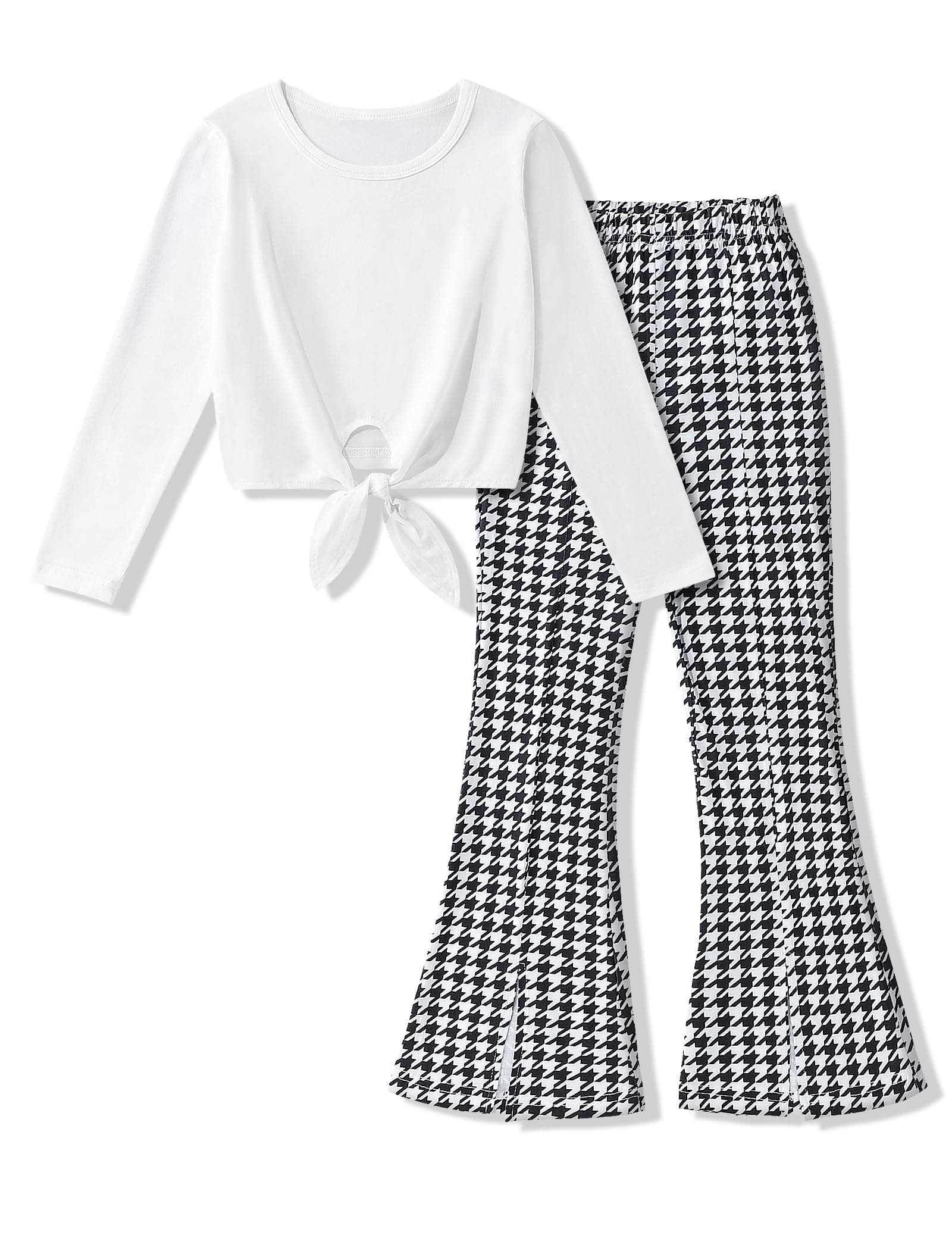 GaupafmbGirl Clothes Solid Knot Front Long Sleeve Pure T-Shirt Tops Split Flare Pants 2Pcs Toddler Girl Outfit