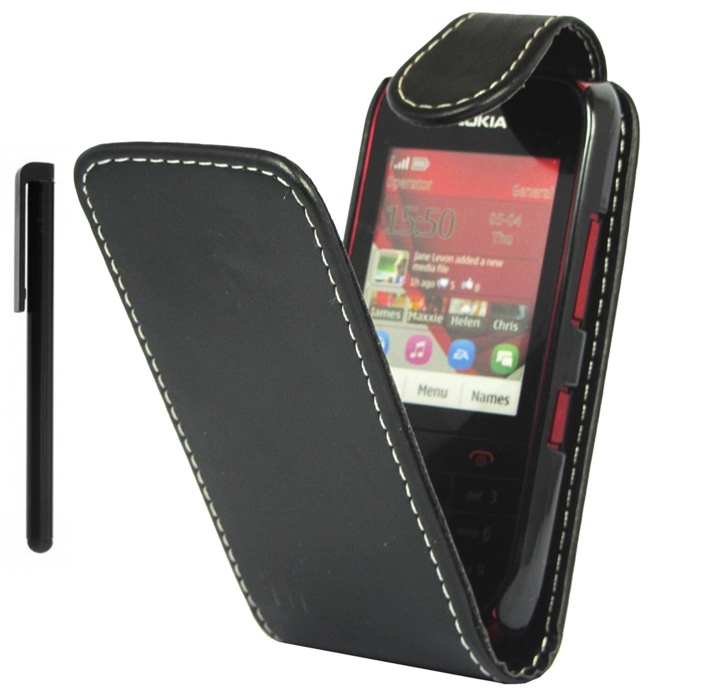 NWNK13® Nokia Asha 300 Ultra Slim Flip Wallet Pouch Case Cover Plus Stylus Pen (Black)