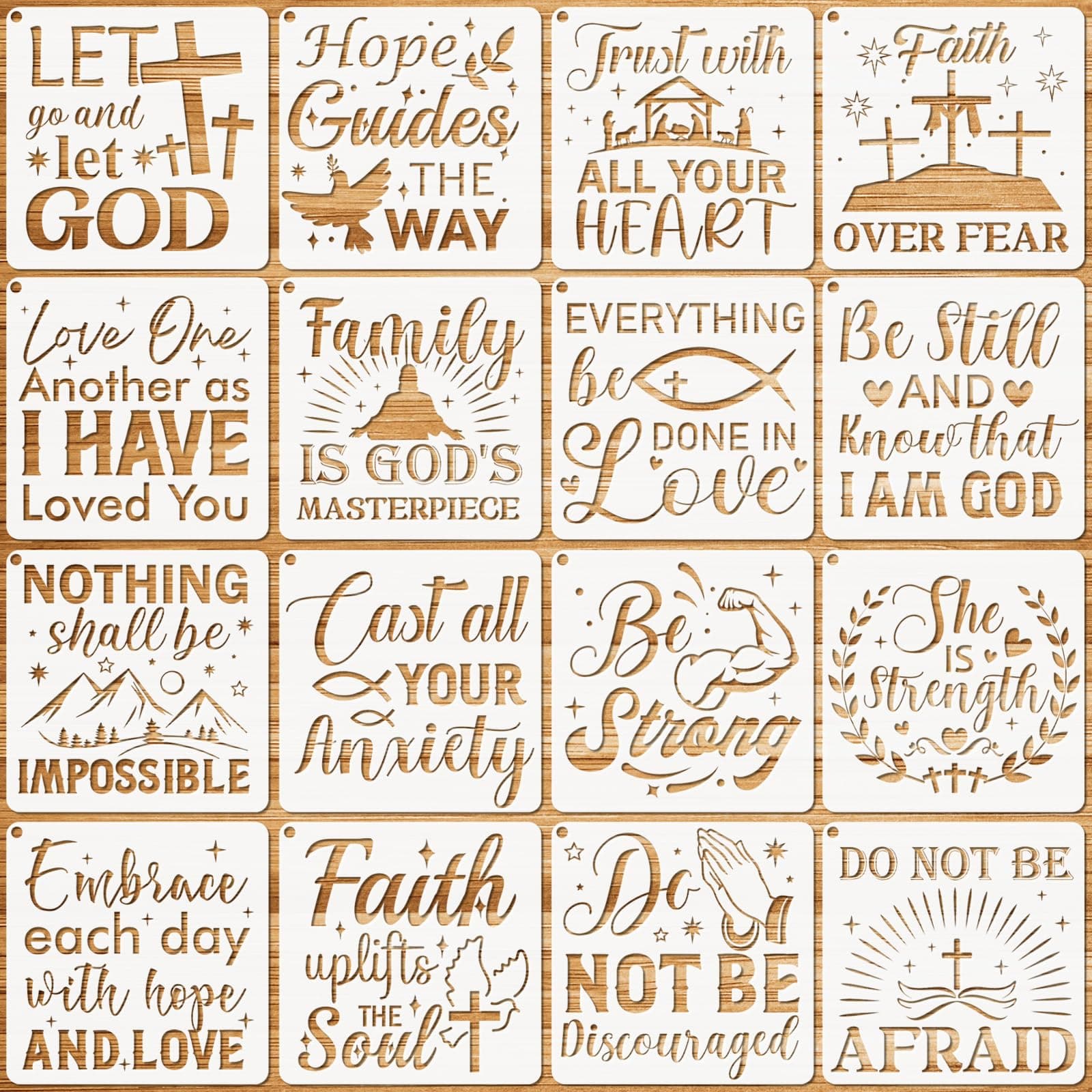 16 Pieces Christian Inspirational Stencils, Bible Verse Motivational Quotes Word Stencils Set, Plastic Reusable Template for Painting DIY Wood Wall Canvas Sign for Home Decoration, 20×20 CM