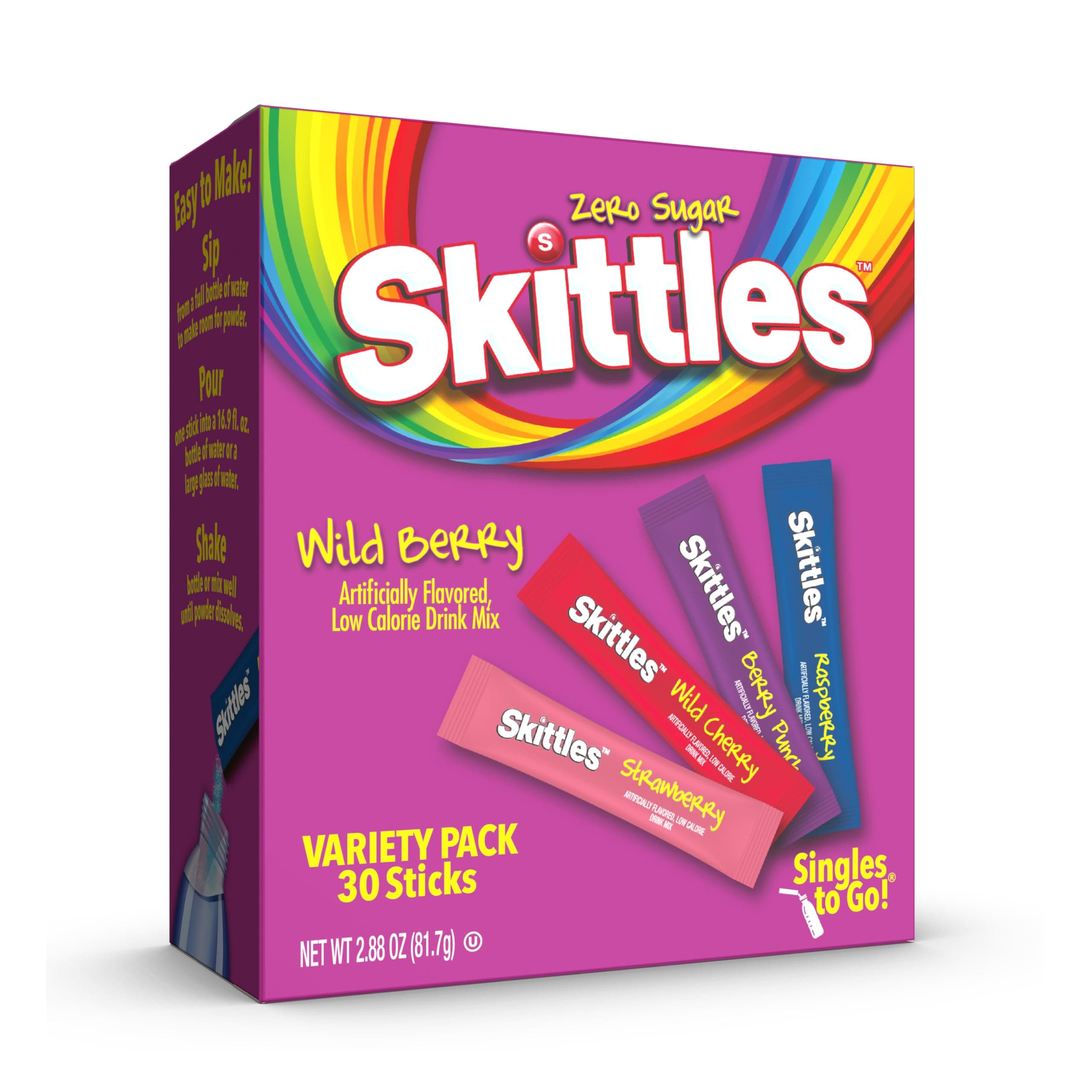 Skittles Go Wild Berry Variety Pack, Watertok Powdered Drink Mix, Zero Sugar, Low Calorie, Includes 4 Wild Berry Flavors, 1 Box (30 Single Servings)