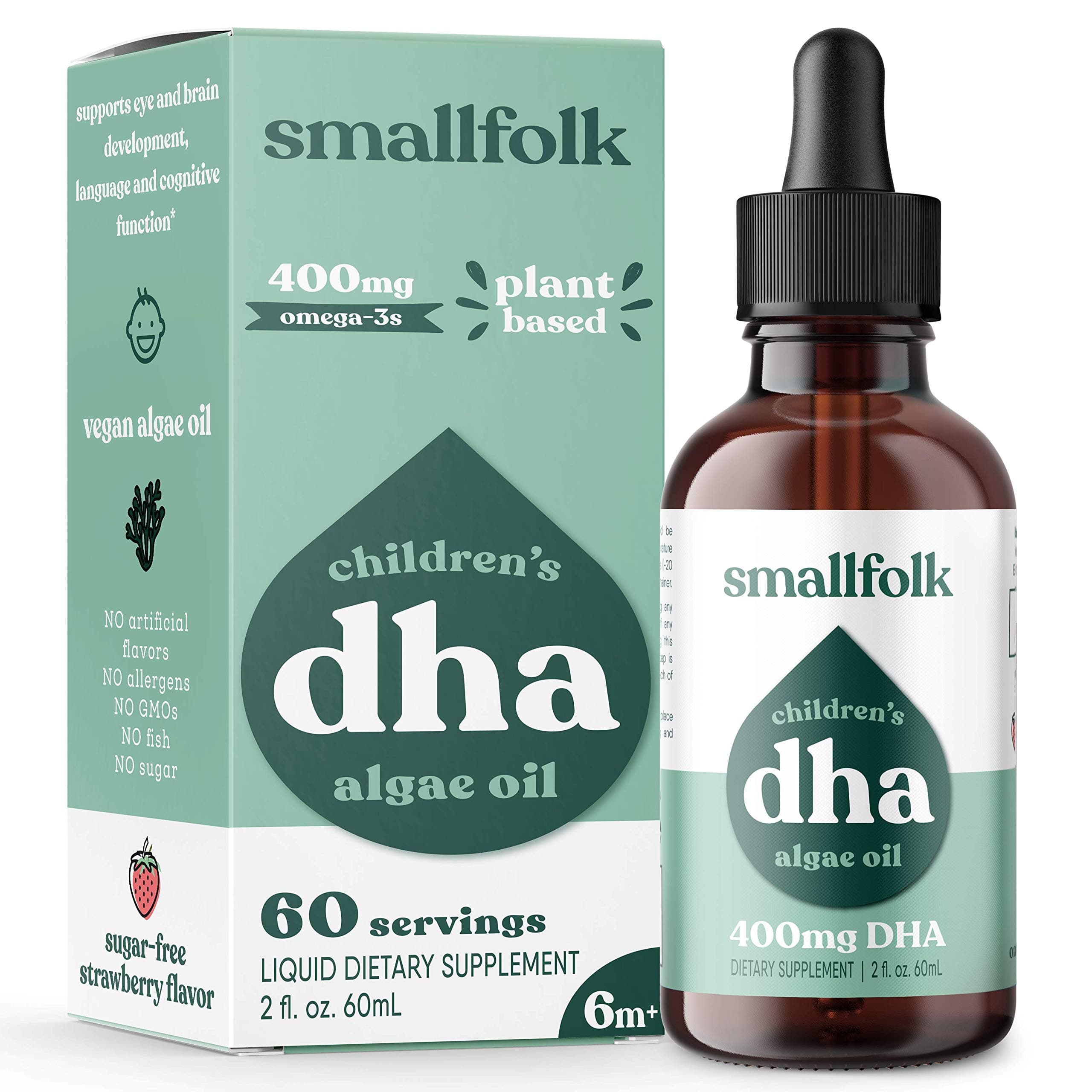 Vegan DHA For Kids | 400mg DHA Algae Oil | Brain Support | Sugar-free Organic Strawberry Flavor, Nothing Fishy | 2 Month Supply