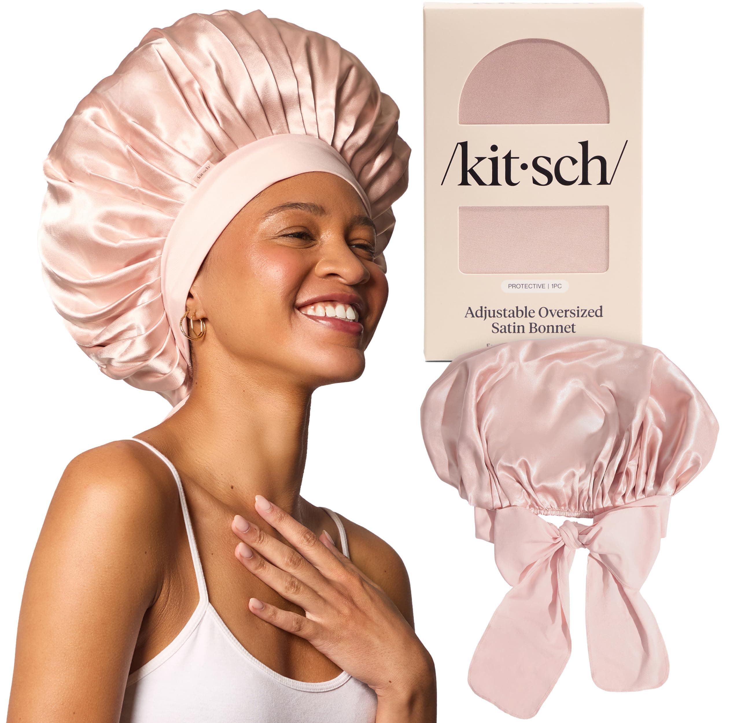 Kitsch XL Satin Bonnet for Sleeping - Softer Than Silk Hair Bonnet For Women - Secure Fit, Adjustable Night Cap For Curly & Textured Hair - Prevents Breakage, Tangles & Thinning - Blush