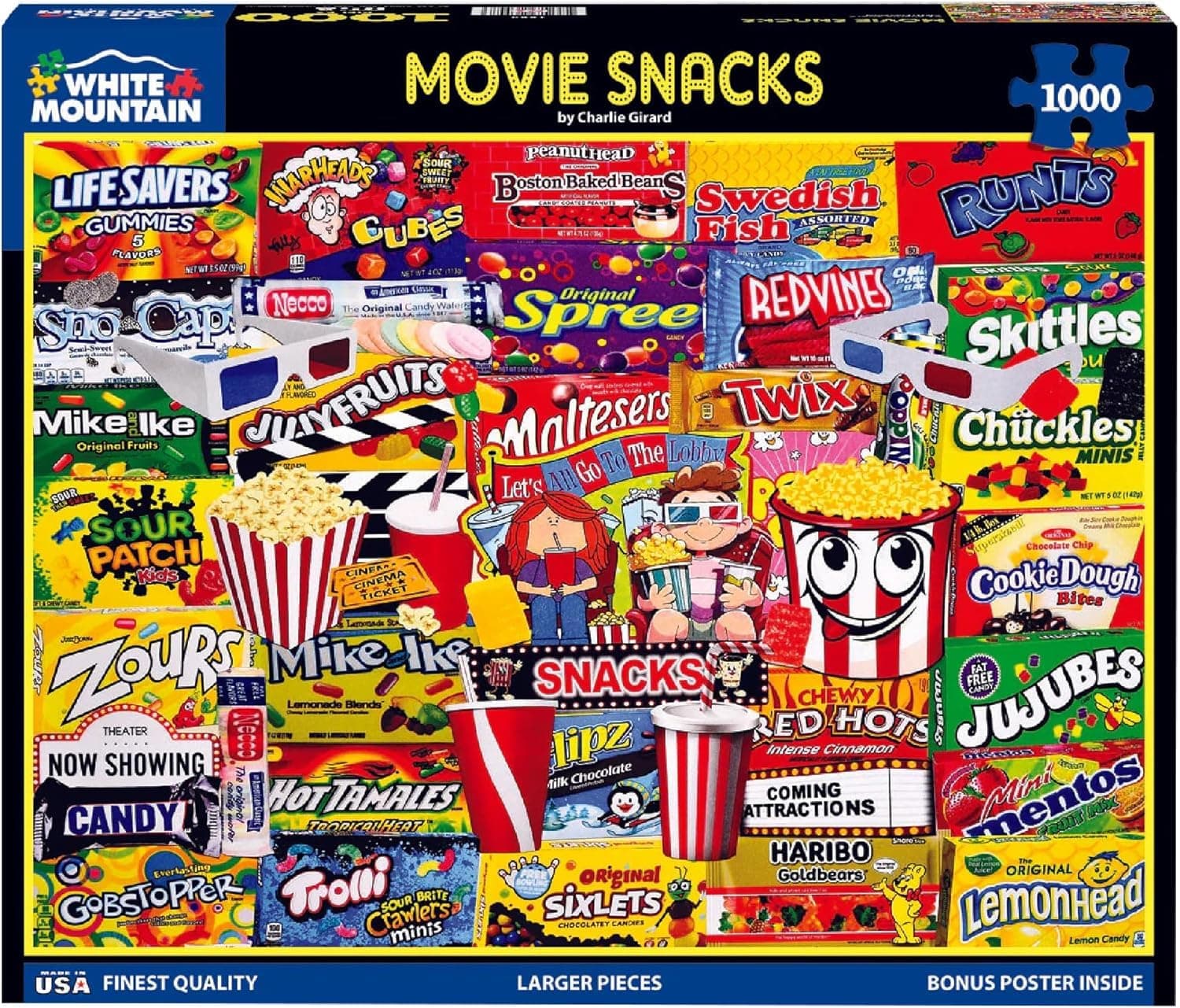 White Mountain 1000 Piece Jigsaw Puzzle Popcorn and Candy Collage Puzzles with Large Pieces for Adults and Family 24"x30" - Movie Snacks