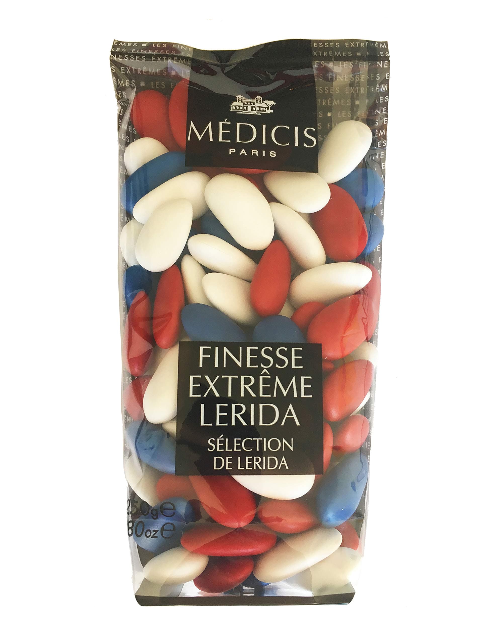 Medicis Premium Candied Almond Dragees (French Jordan Almonds) Sugar Coated Candies Ideal as a Party Favor for Weddings and Baby Showers, 75 count bag 8.8oz, White, Red & Blue