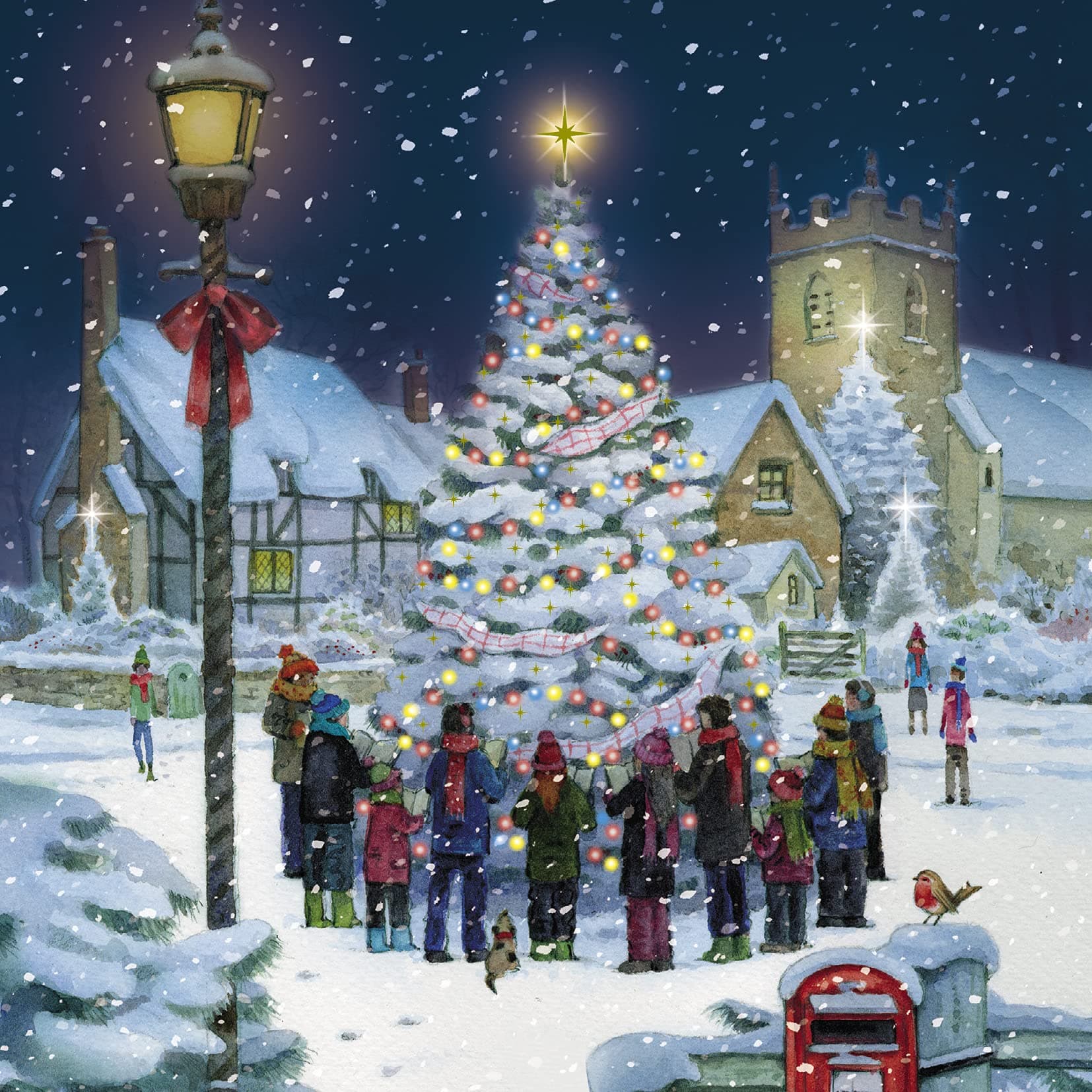 Fiico Charity Christmas Cards - Christmas Carols Around The Snowy Tree with Foil Finish - Eco-Friendly - Pack of 6 Cards - By Medici Cards