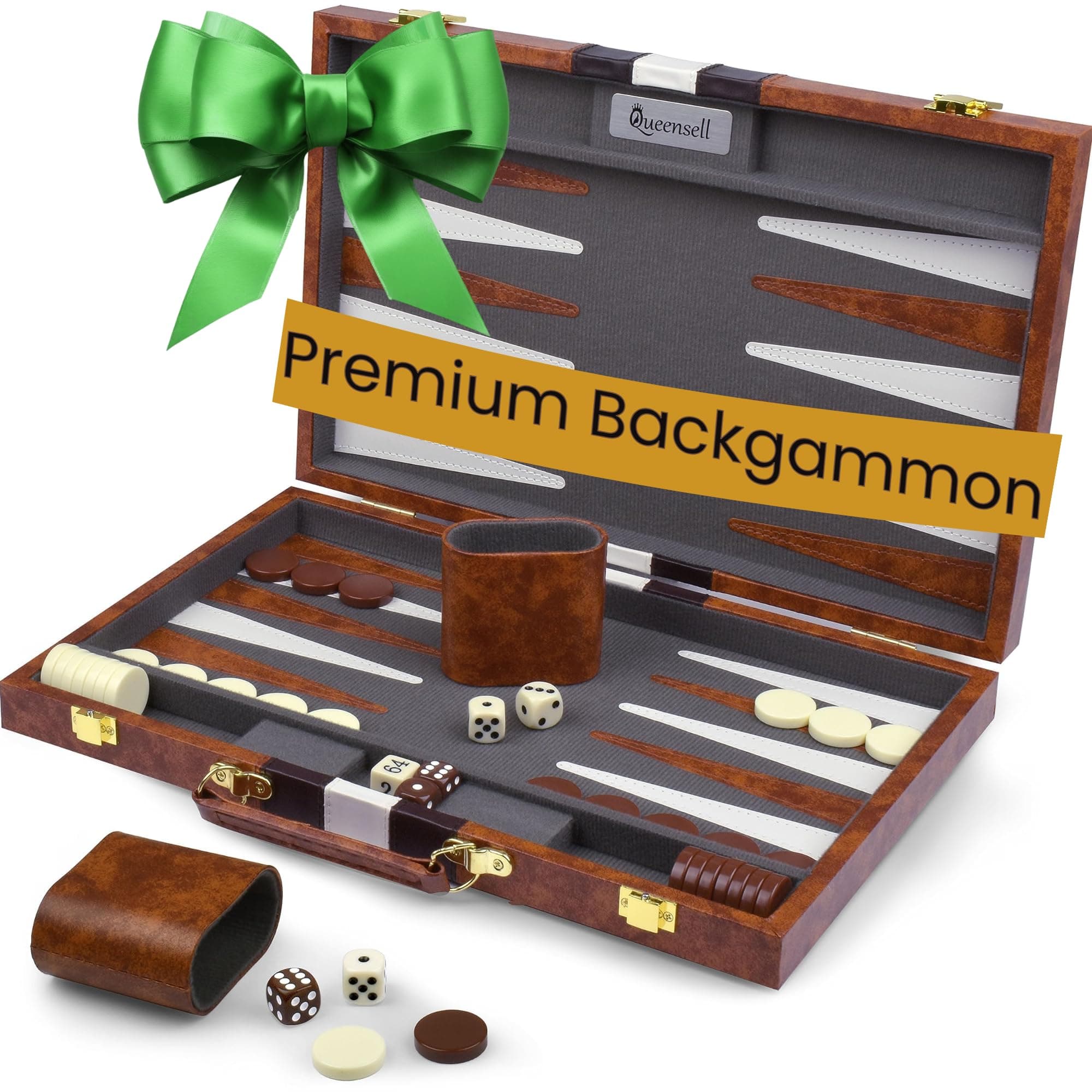 Queensell Backgammon Sets for Adults - Premium Backgammon Board Game with Leather Board Case and Quality Backgammon Pieces - 15 in Case