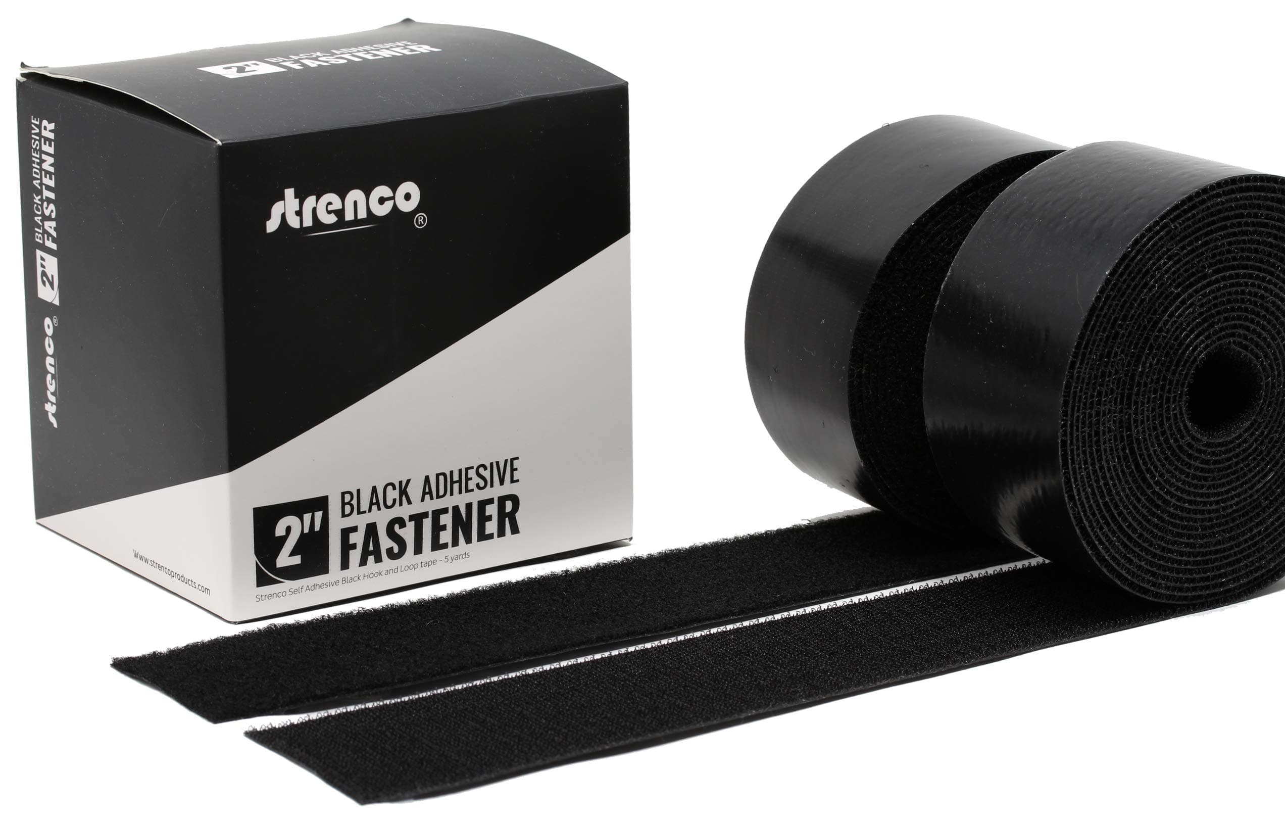 Strenco 2" Adhesive Black Hook and Loop Tape - 5 Yards - Heavy Duty - Sticky Back Fastener - 15 Feet