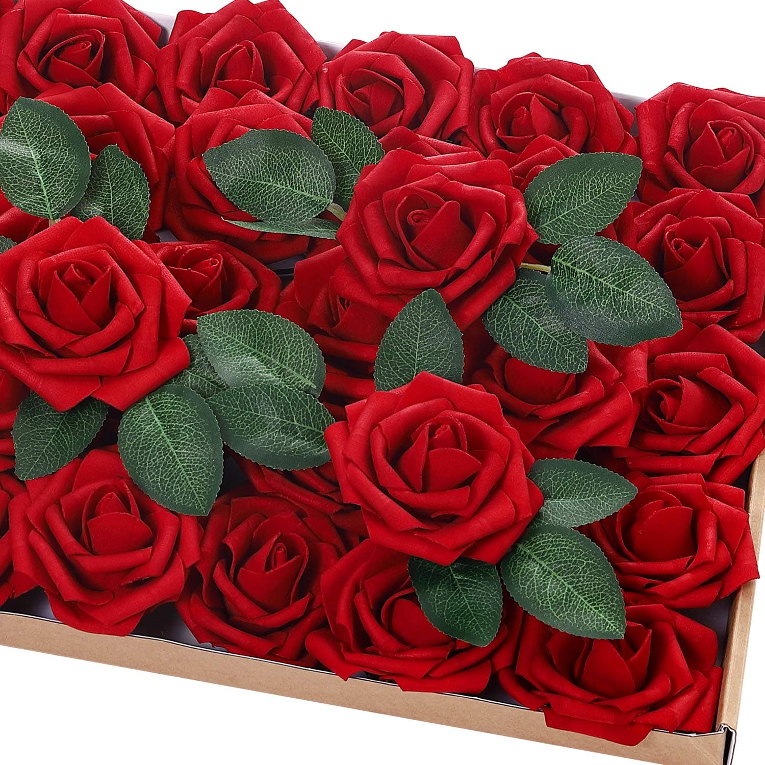 72Pcs Artificial Rose Flowers with Stem 20 Decorative Leaves, Real Looking Foam Fake Artificial Faux Flowers Roses for DIY Wedding Bouquets Centerpieces Party Home Decor (Dark Red)