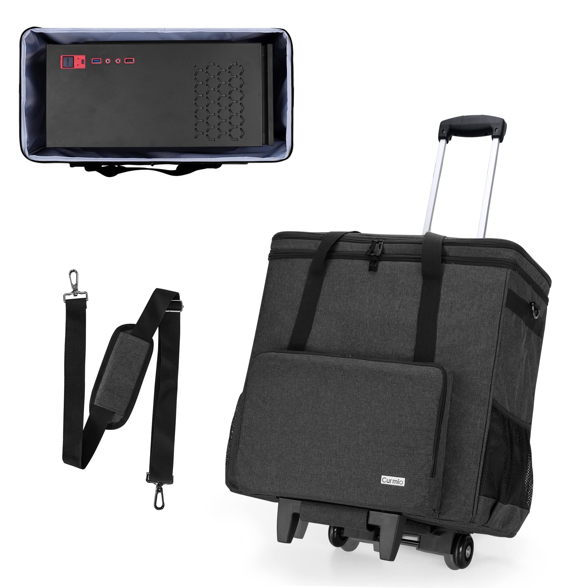 CURMIO Rolling PC Carrying Case, Dual Layer Desktop Tower Travel Bag with Wheels for PC Chassis, Keyboard, Mouse, Black (Bag Only, Patented Design)