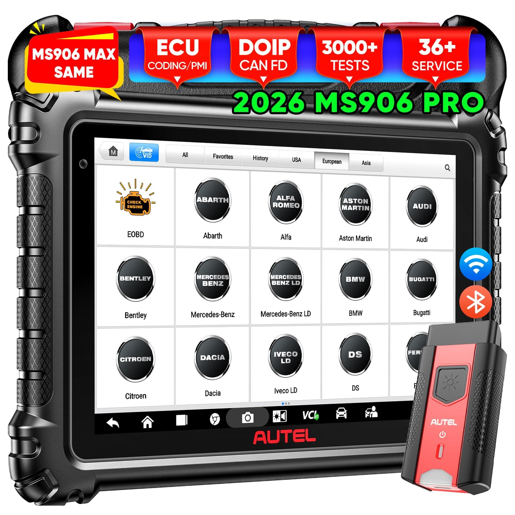 MaxiSYS MS906 PRO Scanner, 2026 MS906PRO Same as MS906MAX, V2.0 Upgraded of MS908S Elite 2 MP900BT, DoIP CAN FD, 36+ Service, Bidirectional 3000+ Active Test, VAG Guided, FCA SGW, OS 10.0