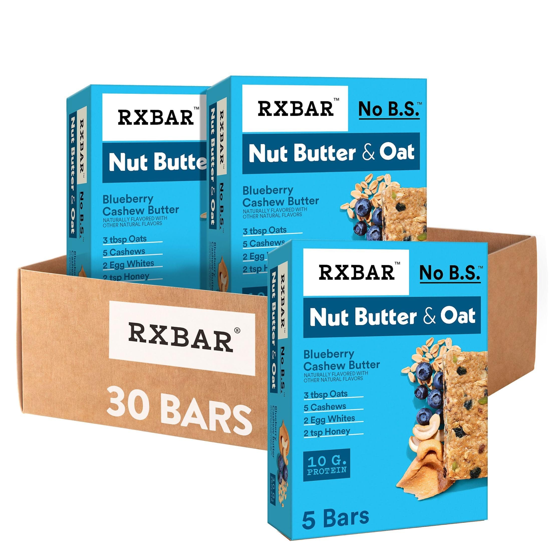 Nut Butter and Oat Protein Bars, Protein Snacks, Blueberry Cashew Butter (6 Boxes, 30 Bars)