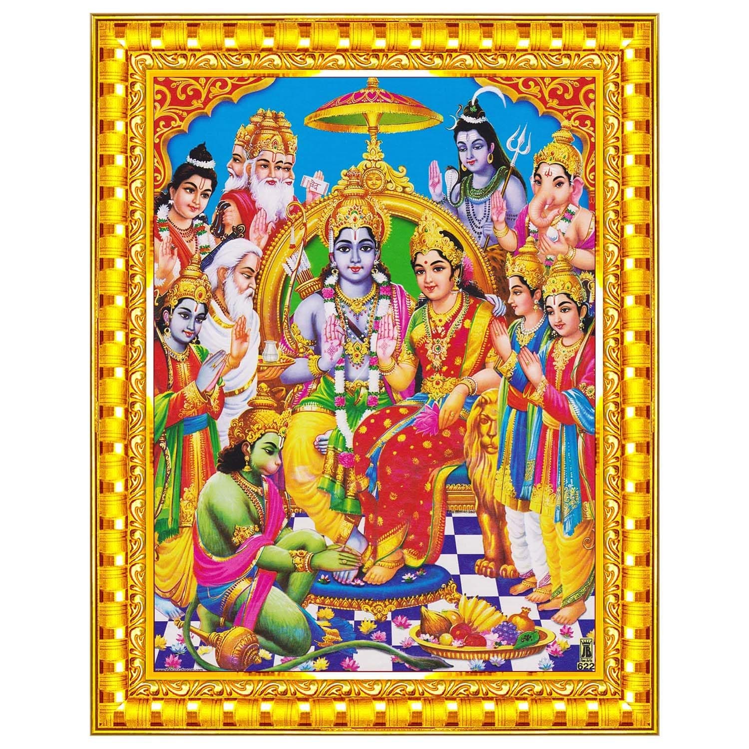 Ram Darbar Lord Shri Rama Sita Parivar Family Wall Art Painting Framed Decoration Gift (Wood,Gold,Big Size,10x12in) R745M