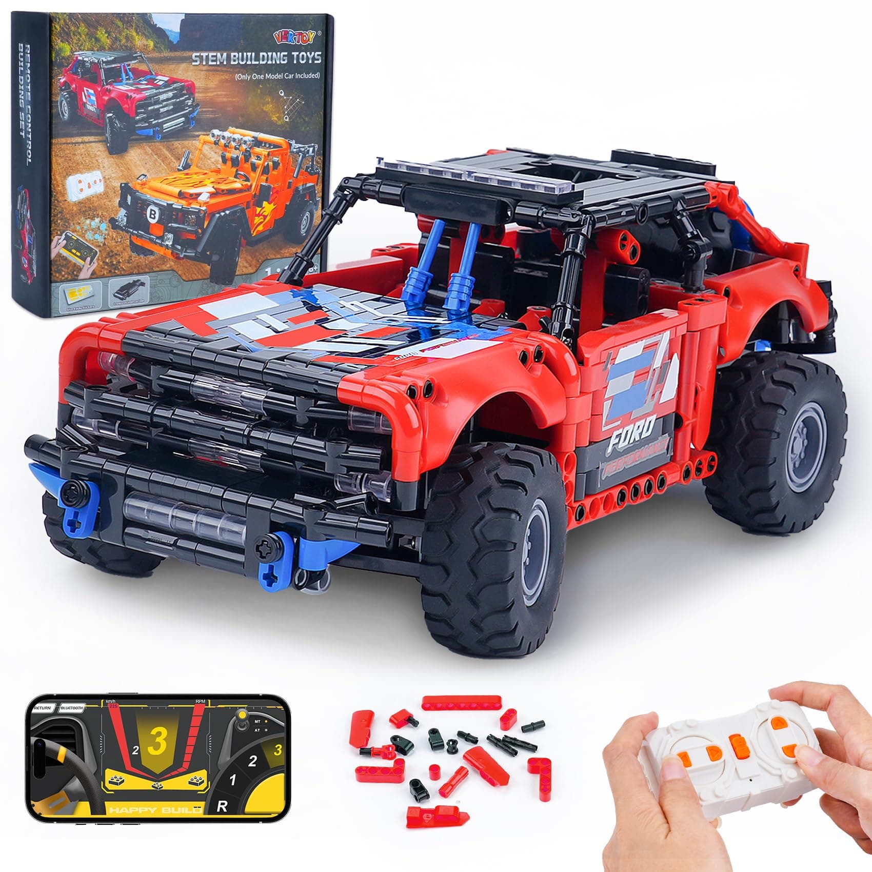 VERTOY STEM Remote Control Building Car - Educational Building Toys Gift for Kids Boys Girls Age 8-12 Year Old, Bigger Red Off-Road Model(720+ pcs)