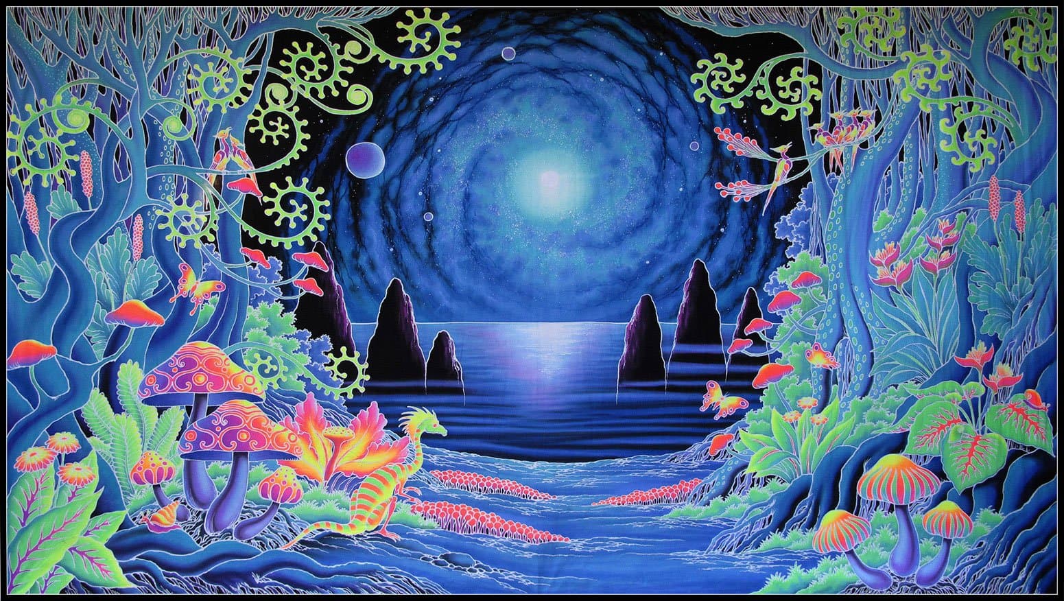 Giant Psychedelic Tapestry - Space Jungle - UV active banner - Hand painted batik. Trippy wall art. 158 inches x 83 inches.