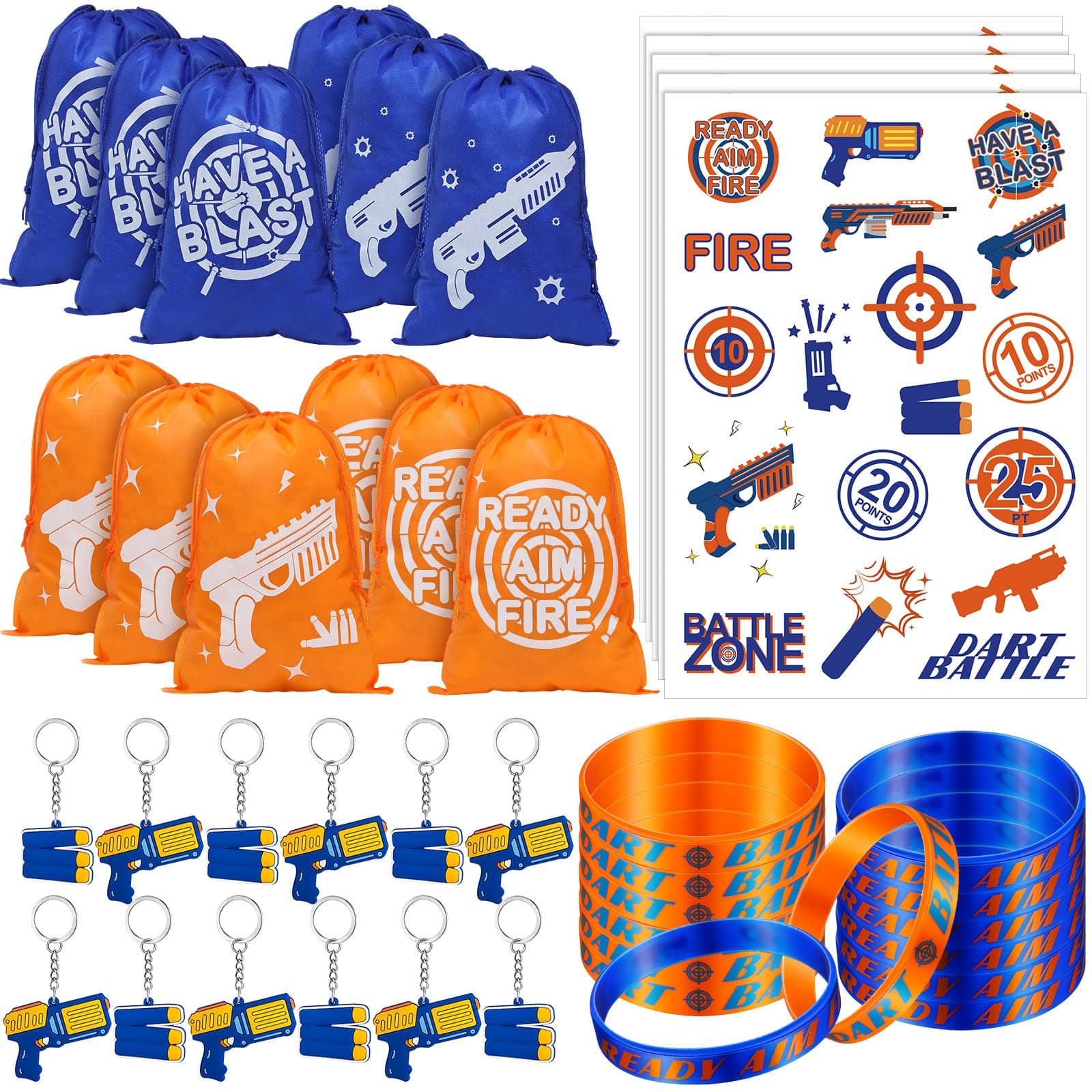 Sureio 138 Pcs Dart Battle Party Supplies Include Wars Goody Treat Bags Dart Themed Silicone Rubber Bracelet Wristbands Keychain Temporary Tattoos for Battle Birthday Party Favors