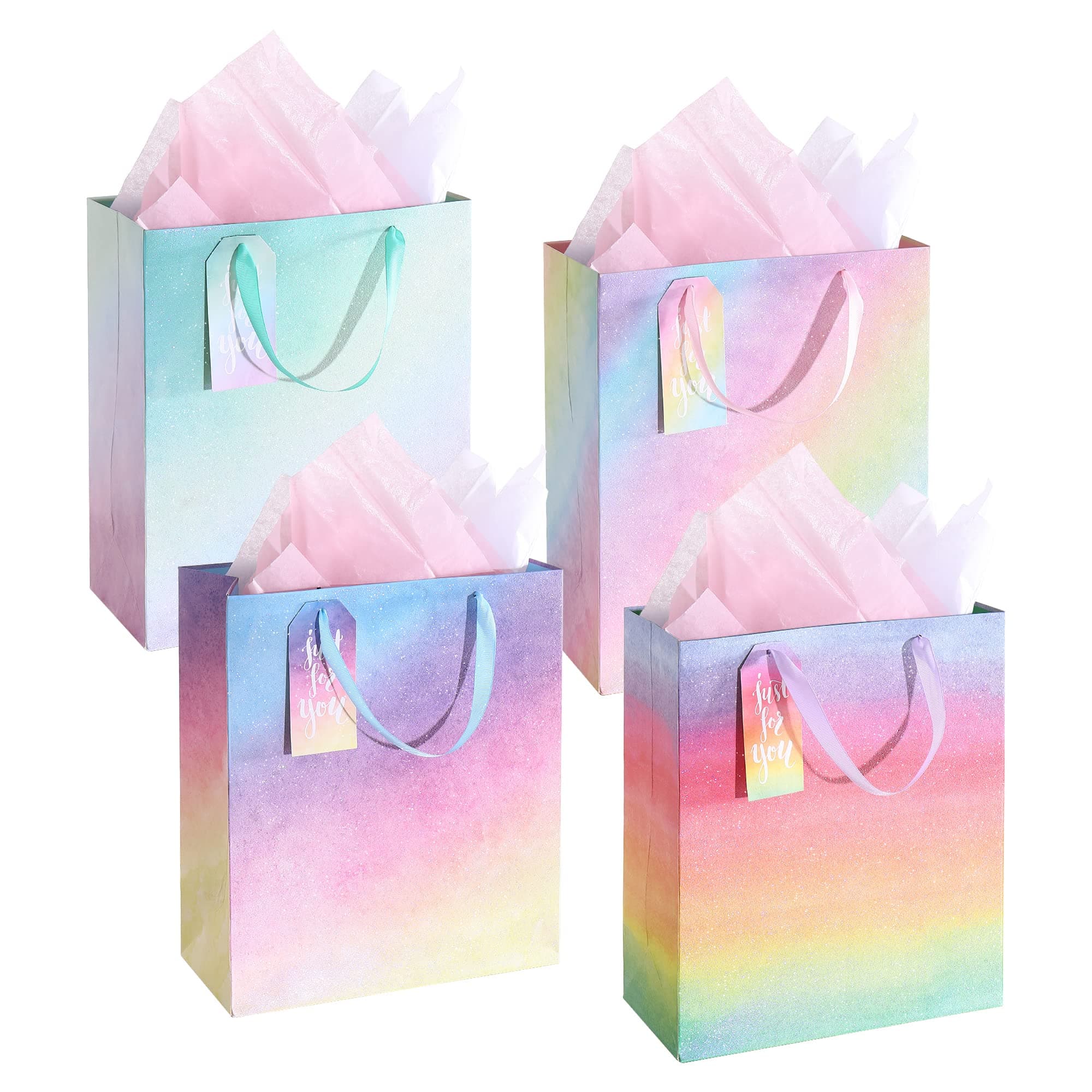 4 Pack Gift Bags with Handles - Glitter Gradient Medium Size Gift Bags with Tissue Paper, Colorful Mother's Day Gifts Bag, Perfect for Teacher Appreciation, Birthday, Graduation, Party Favors, Wedding (Gradient Color, Medium)