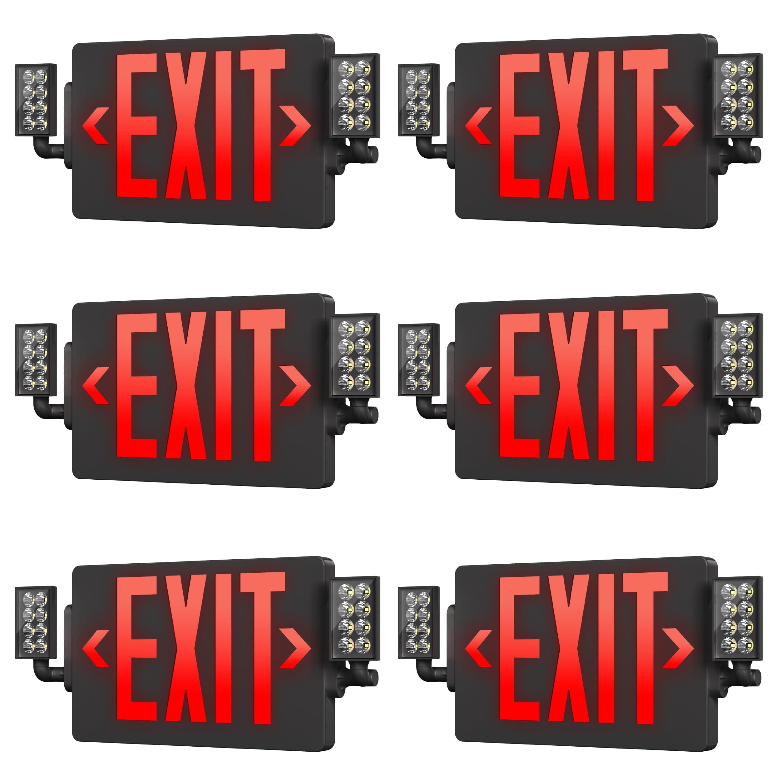 Sunco Lighting6 Pack Black Exit Signs With Emergency Lights, Two Adjustable LED Lights, 94V-0 Fire Resistant, Backup Battery, 120-277V, Wall Or Ceiling Mount, Commercial Grade Double Sided UL
