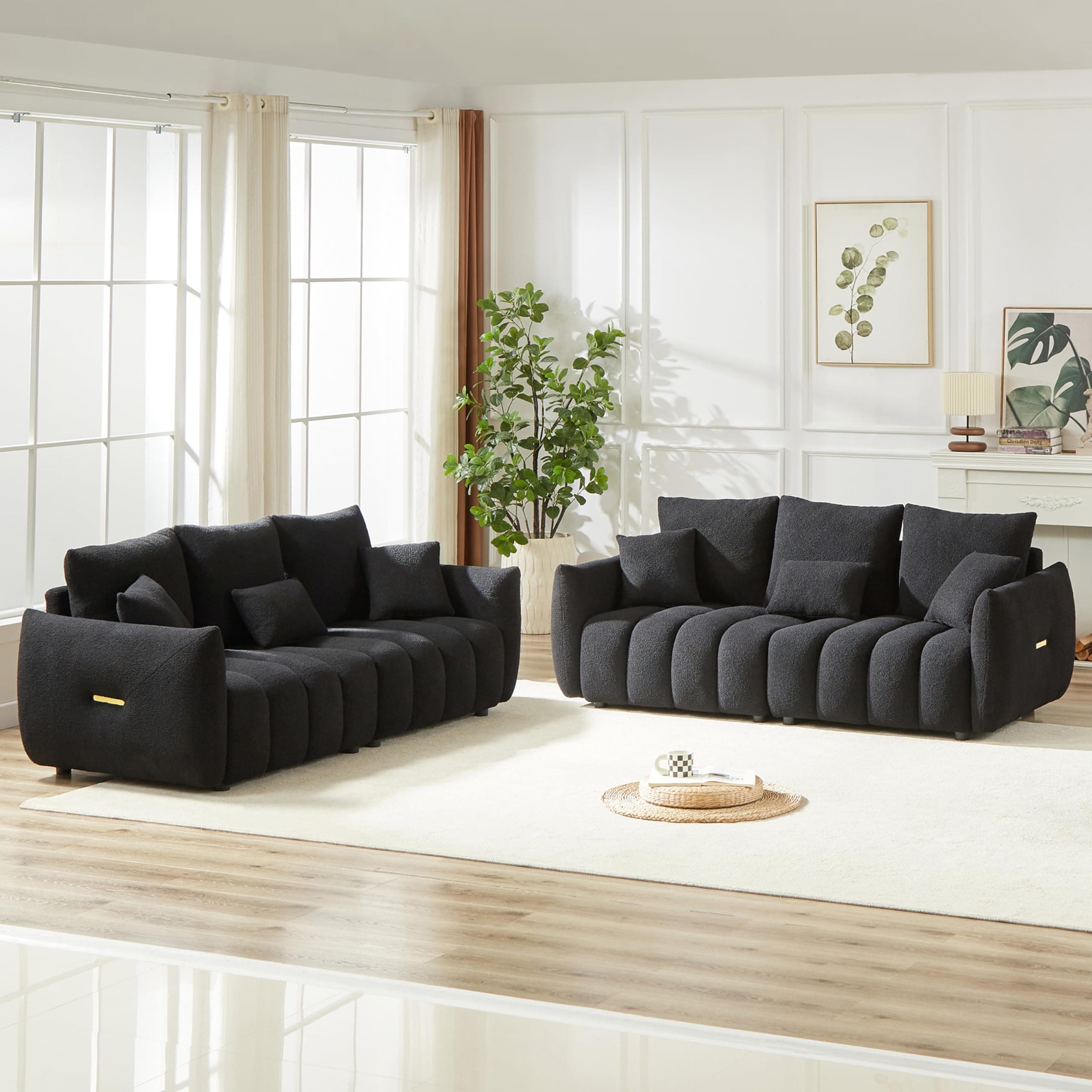 2 Pieses Modern Sofa Sets Luxury Teddy Upholstered Golden Element Accents Armrests Tufted Sofa&Couch Include 3 Seater Couches and 12 Pillows for Living Room, Bedroom, Apartment and Office Furniture