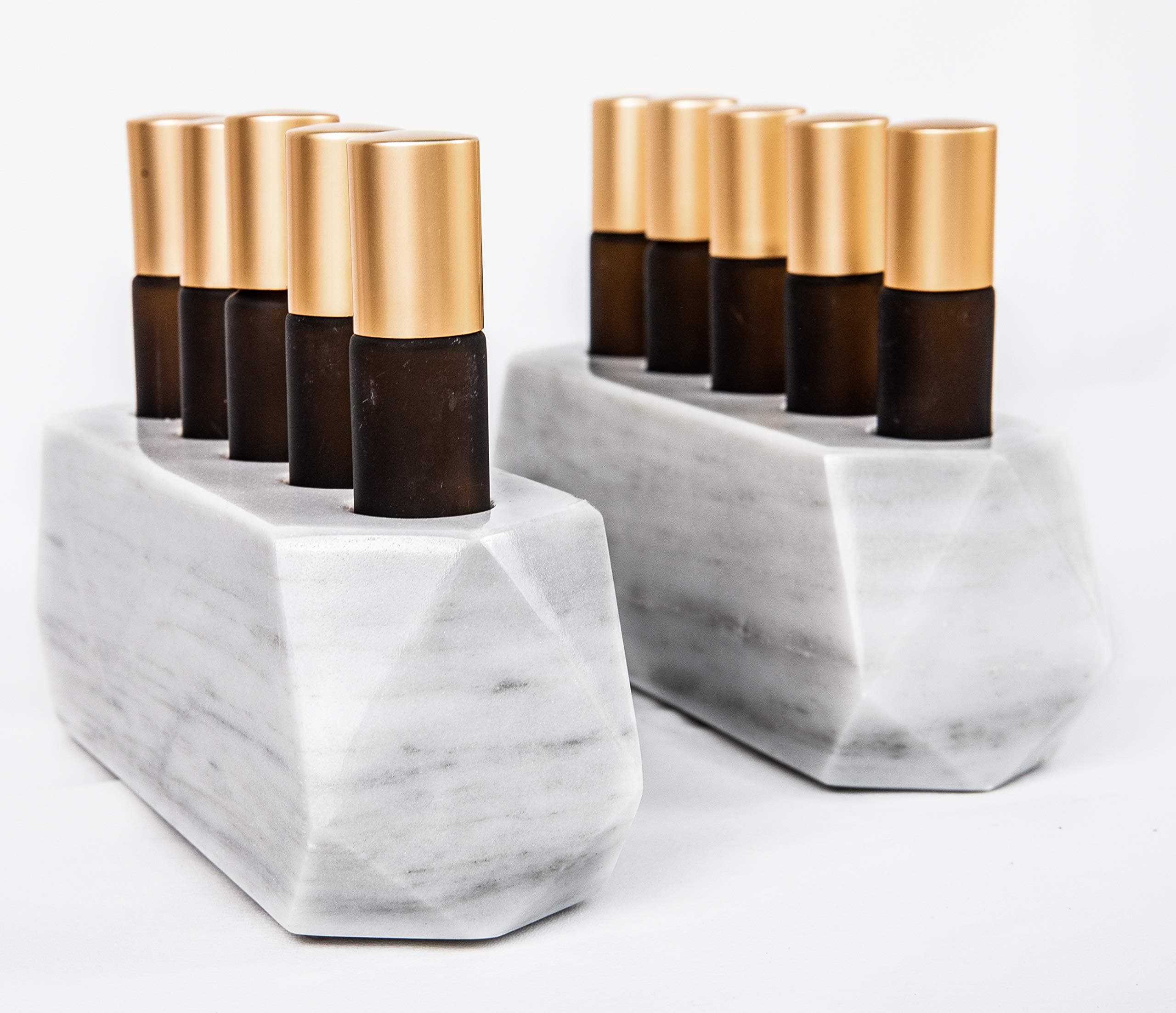 Diamond Set of Roller Bottle Stone Essential Oil Holder-100% Natural Stone and Handmade-Decorative Display Case Box Holder For 5, 10ml Bottles (Gray Marble)