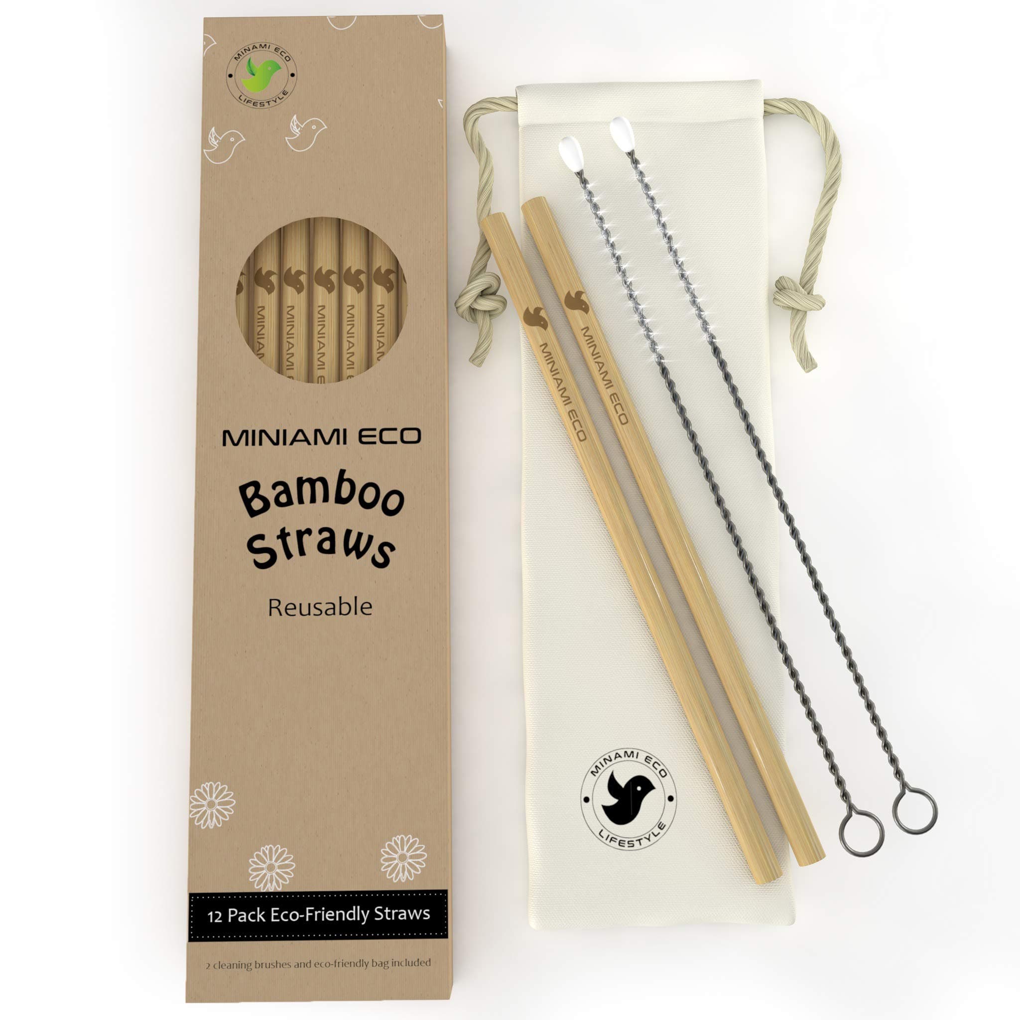 Reusable Bamboo Drinking Straw – Eco-Friendly 12 Straws + 2 Cleaning brushes + Cotton Bag – Biodegradable, Organic, Plastic Alternative – 8 inches
