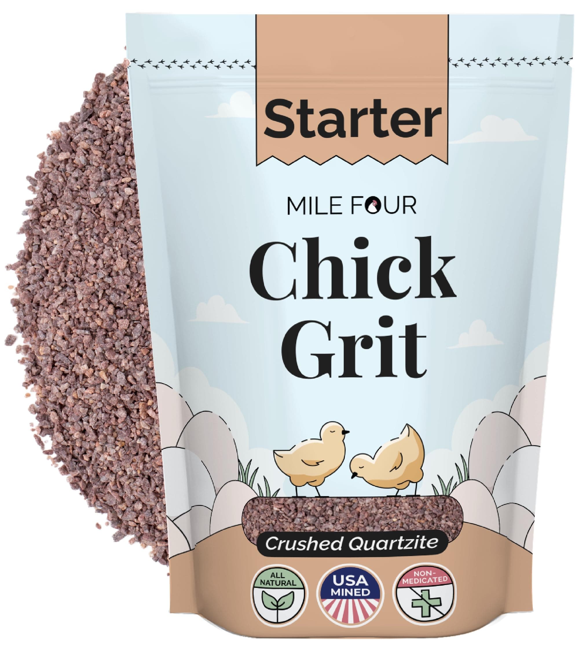 Mile Four Chick Grit for Baby Chicks - Chickens Age 0-8 Weeks, 100% Natural Mineral Chick Grit Quartzite, Poultry Grit Digestive Aid, USA Mined, 4 lbs