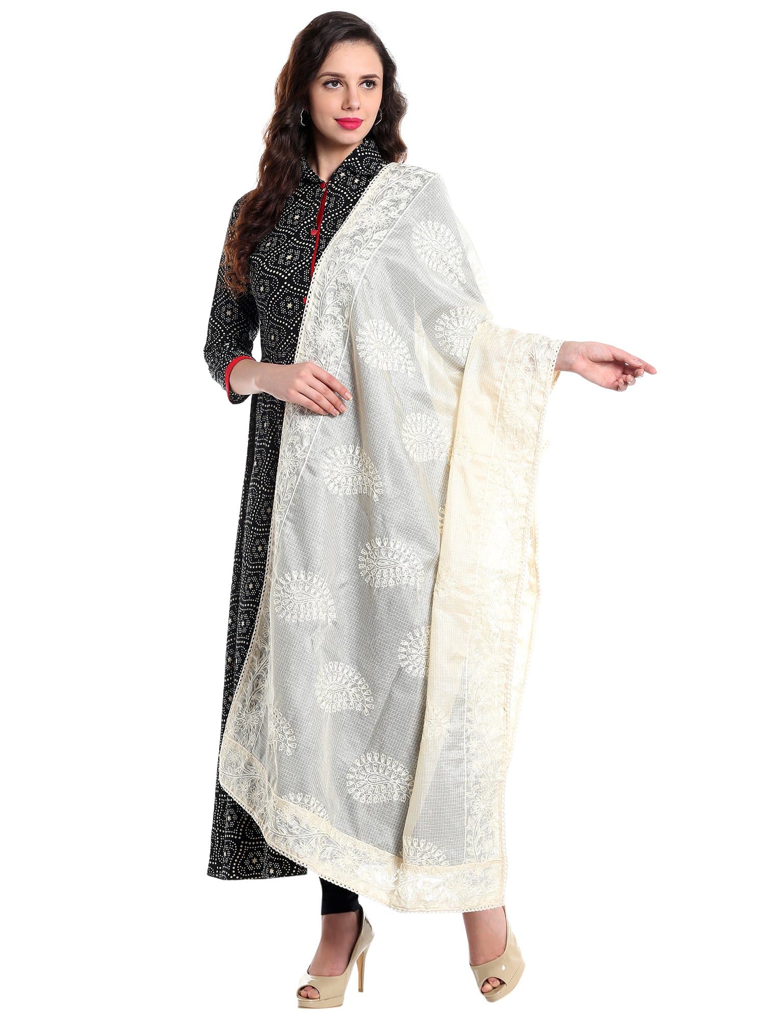 Women's Embroidered Ivory Cotton Kota Doria dupatta
