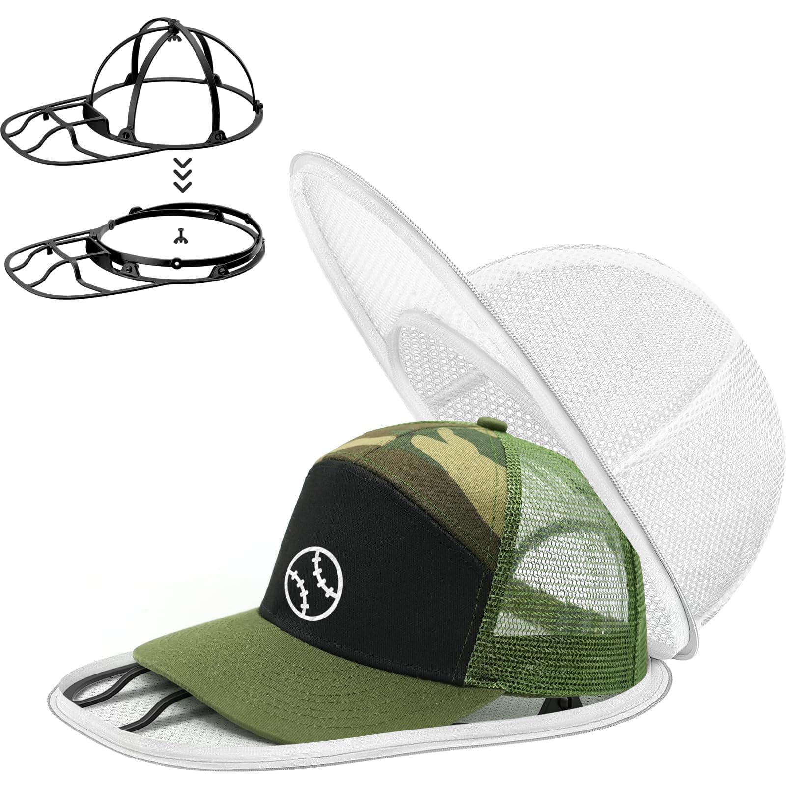 Baseball Cap Washing Cage, Collapsible Hat Washing Cage - Baseball Cap Cleaner for Washing Machine & Dishwasher – Ball Cap Holder, Shaper & Protector Form Mold with Rack for Laundry