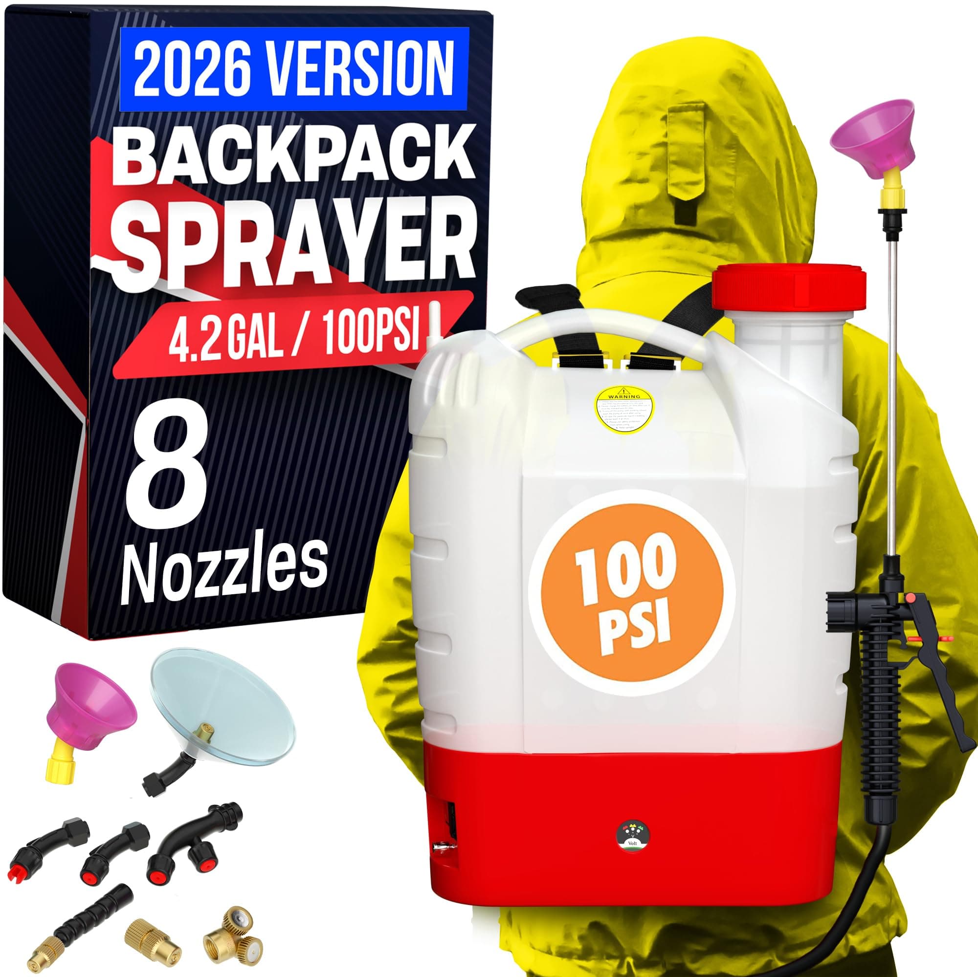 Battery Powered Backpack Sprayer - 4.2 Gallon, 8 Nozzles, 100PSI Cutoff, Long Battery Life, Wide Mouth, High-Pressure Spray Hose, Trigger Lock, Pressure Knob Controller