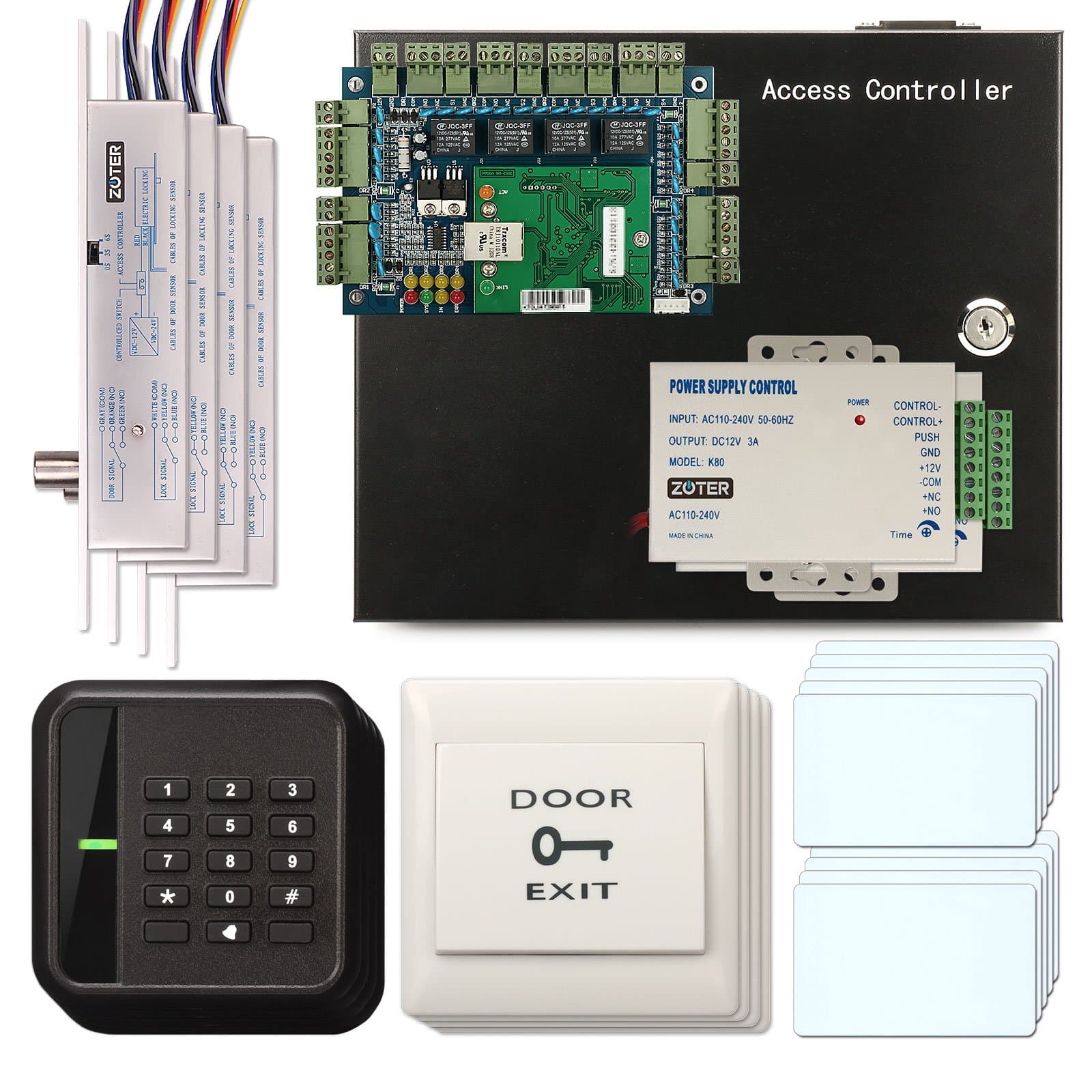 Soter® 4 Door Access Controller Board RFID IC Card Keypad Reader Network Office Security System + Electric Bolt Deadbolt Timer Door Lock NO Mode