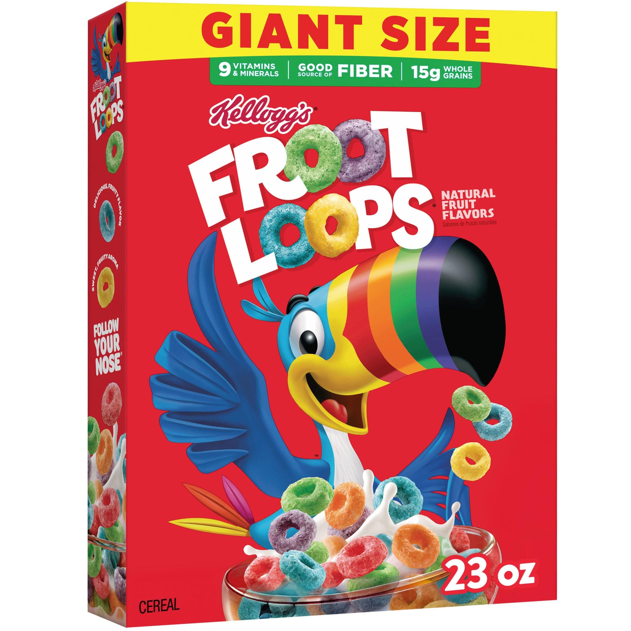 Kellogg's Froot Loops Breakfast Cereal, Good Source of Fiber, 15g Whole Grains, Giant Size, 23 oz
