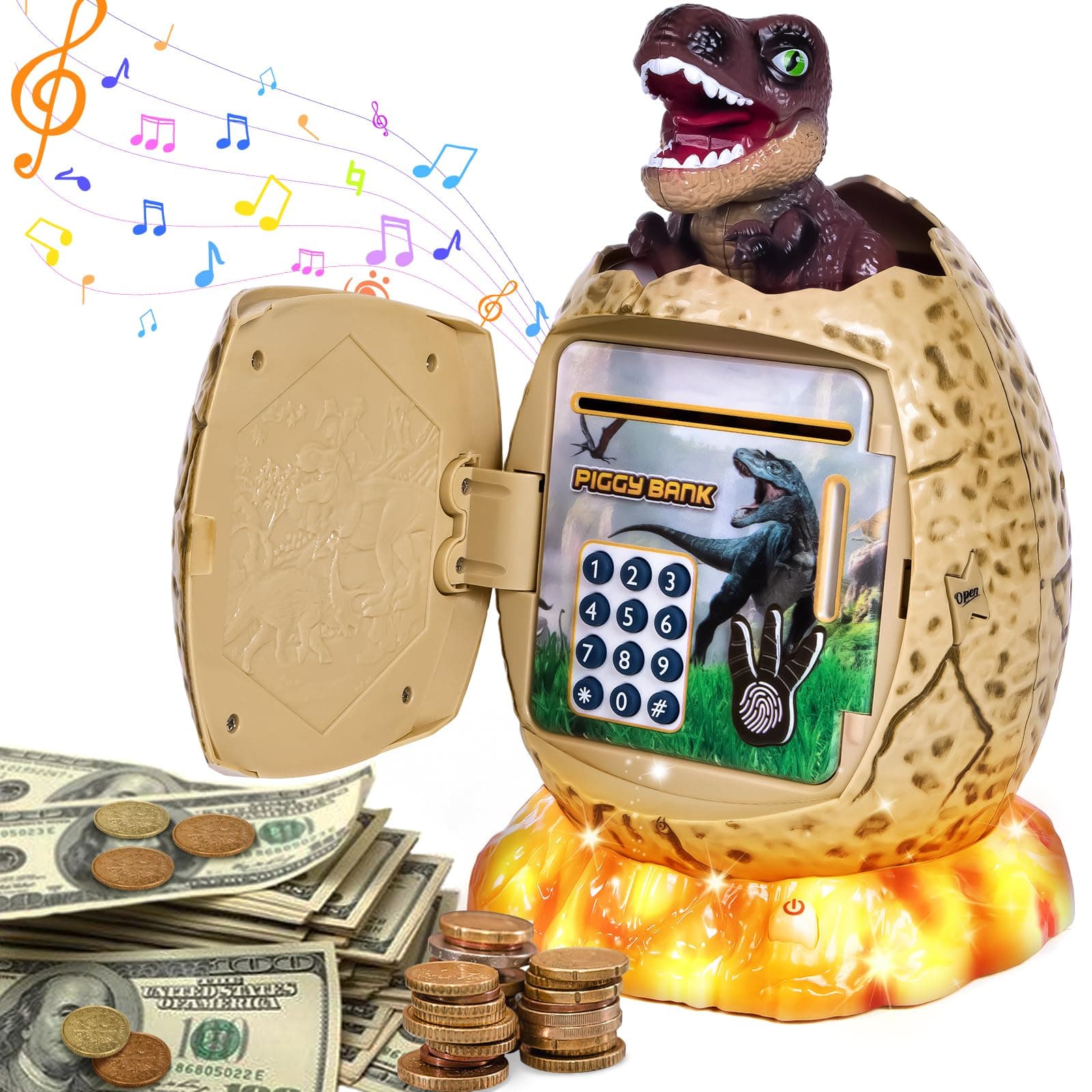 Money Box for Kids, Dinosaur Egg Money Bank Dino Safe with Security Code Music & Light Auto Scroll Notes ATM Password Piggy Bank Easter Birthday Gifts for Boys Girls 5 6 7 8 9+ Years Old