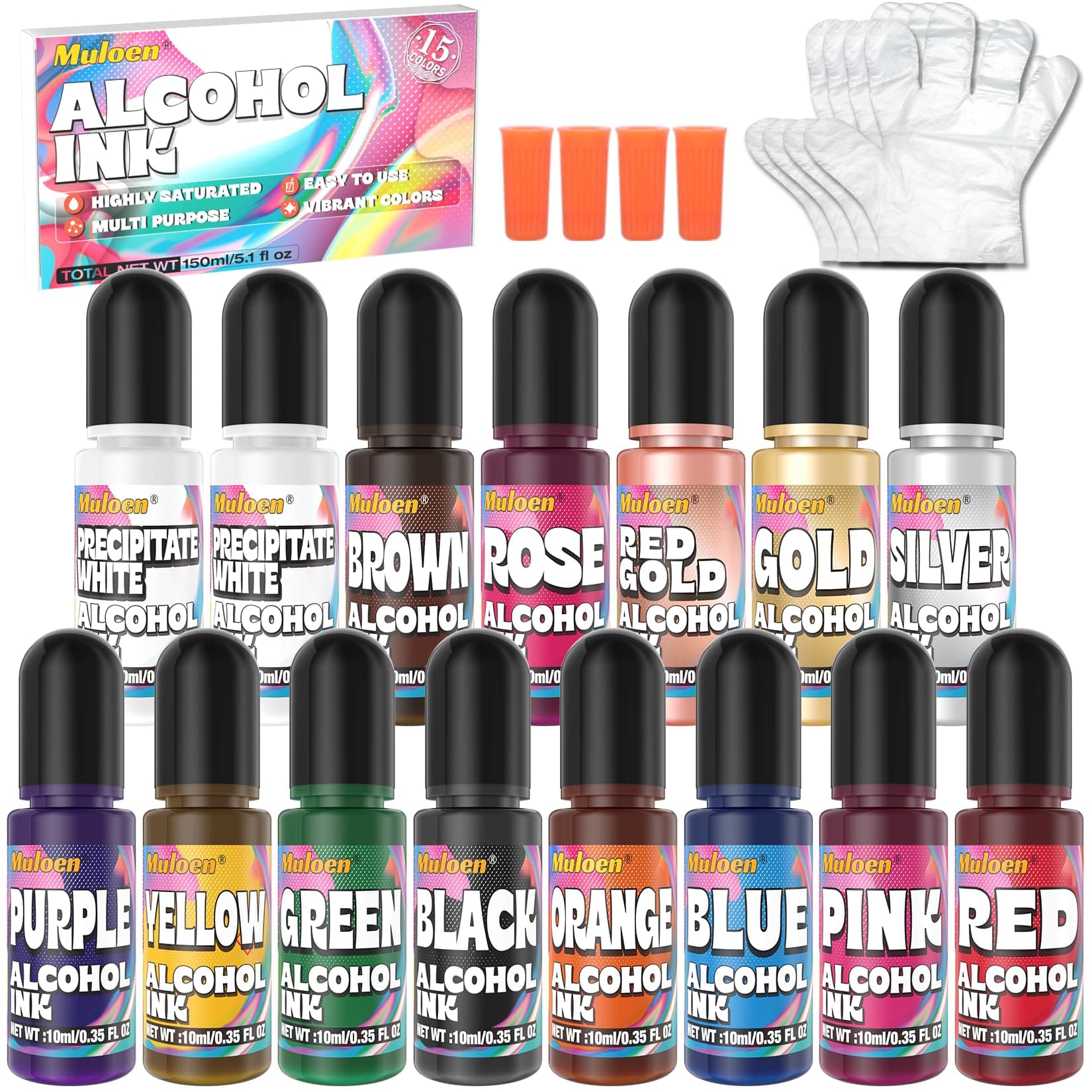 Alcohol Ink Set - 15 Colors High Concentrated Alcohol-Based Ink, Concentrated Epoxy Resin Paint Colour Dye for Resin Petri Dish, Painting, Coaster, Tumbler Cup, Ceramic, Glass, Metal etc. (10ml Each)